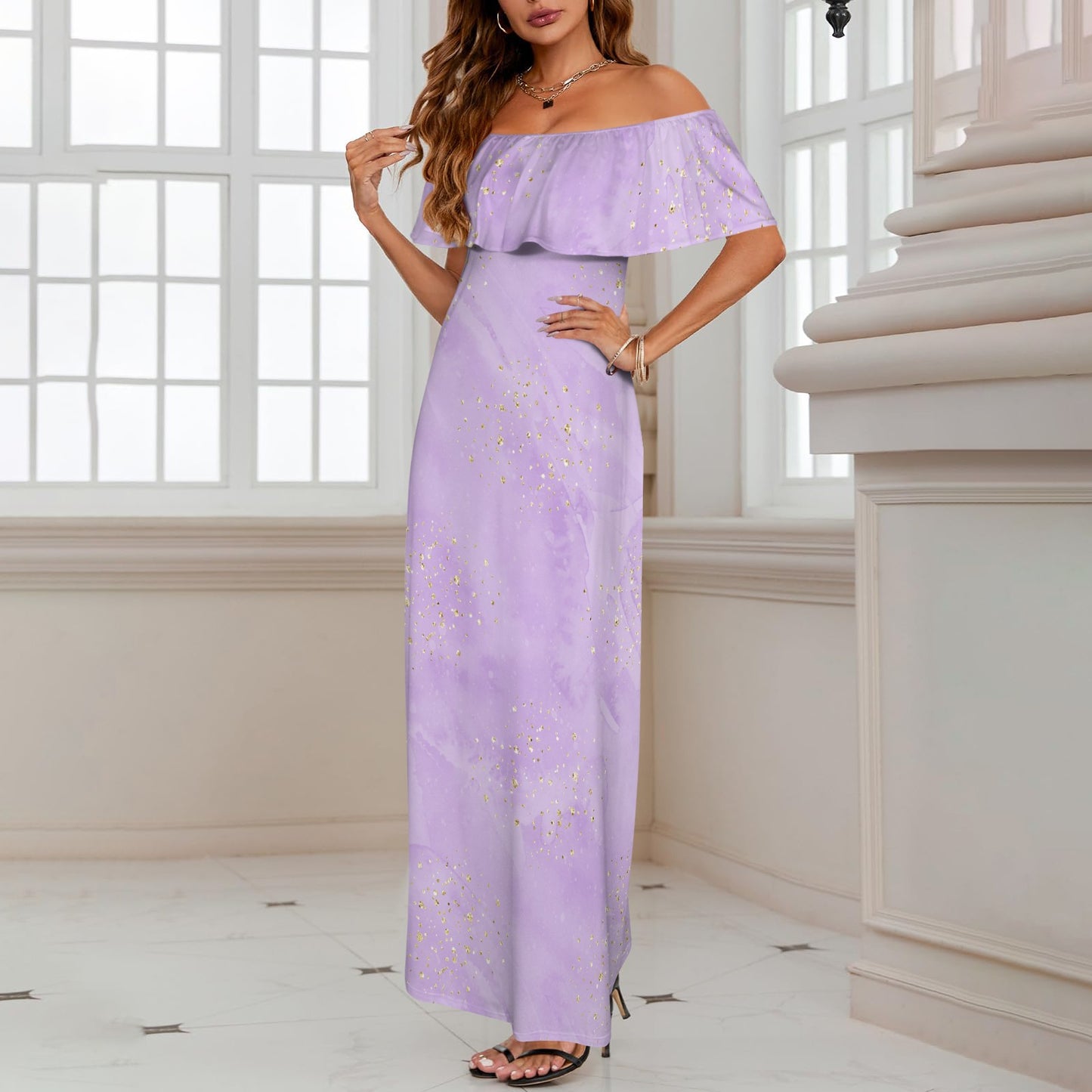 Purple Women's Off Shoulder Ruffle Boat Neck Dress (Model D71)