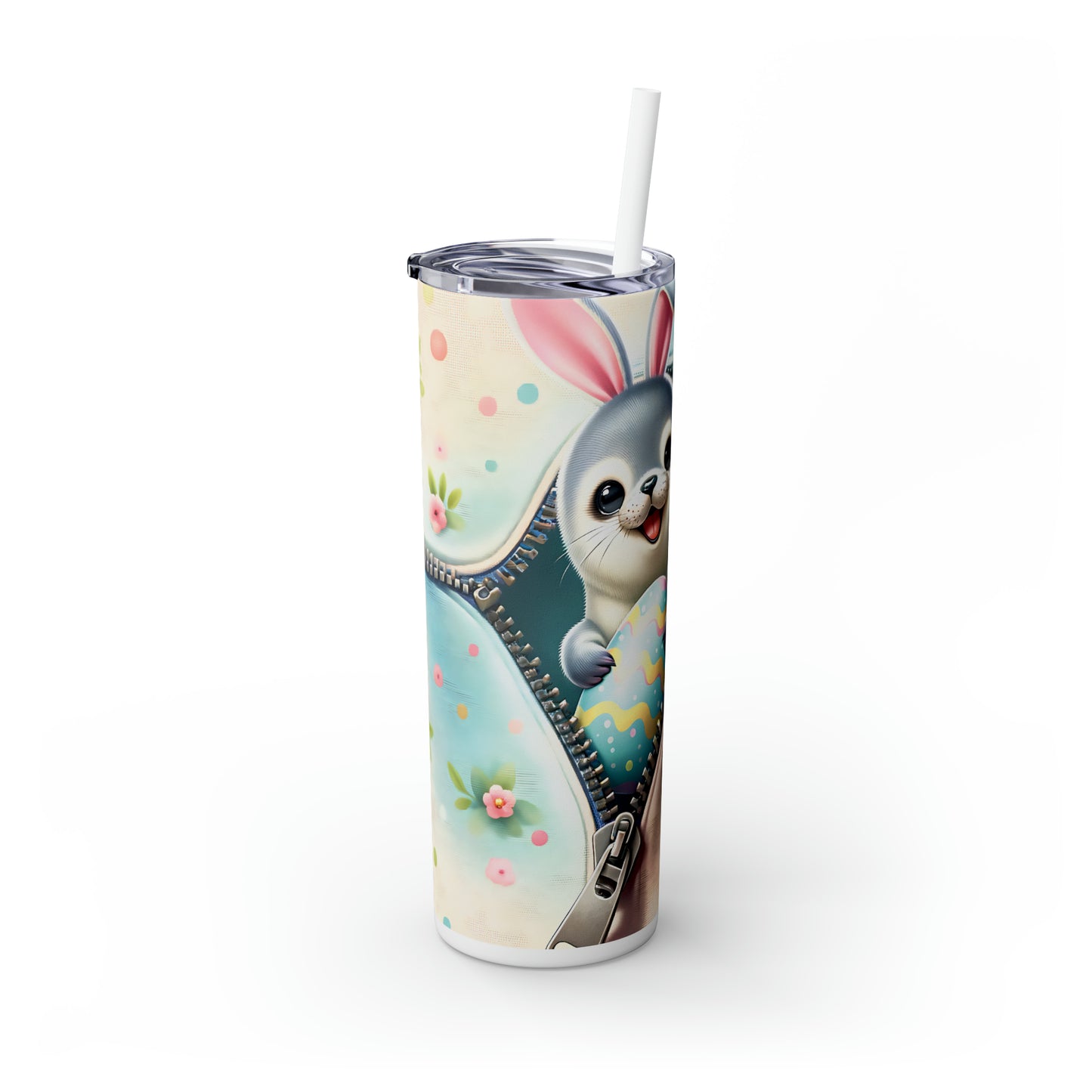 Skinny Tumbler with Straw, 20oz, Easter, Baby Seal with bunny ears, awd-1272