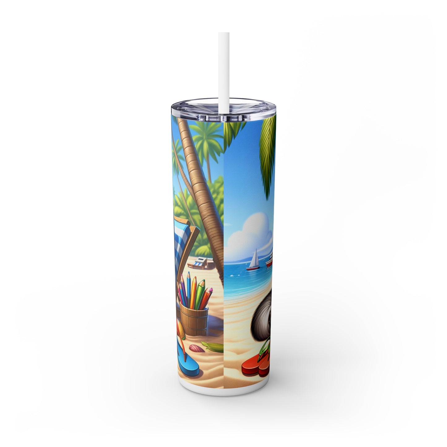 Skinny Tumbler with Straw, 20oz, Dog on Beach, Siberian Husky, awd-1244