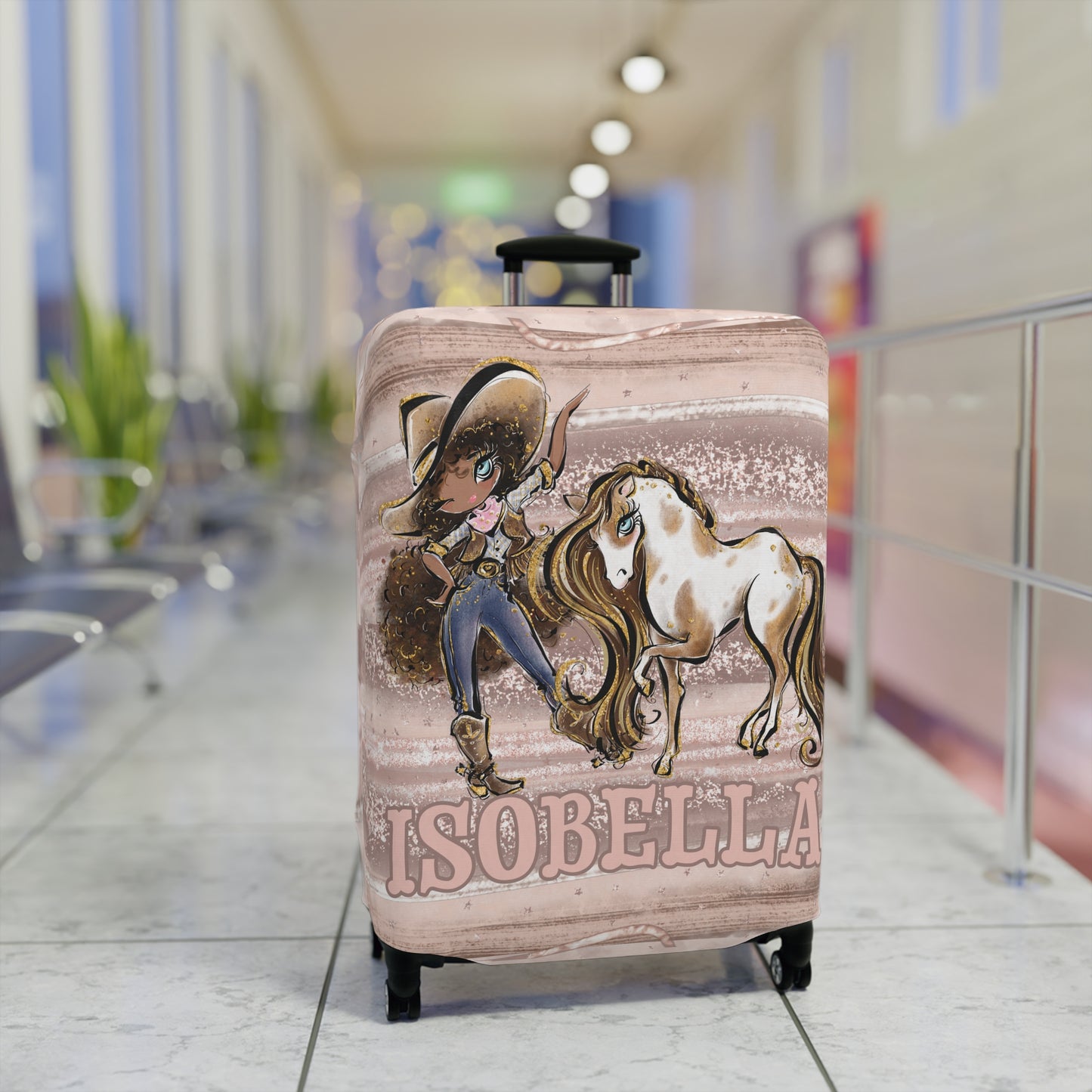 Luggage Cover, Howdy Cowgirl and Horse, Brunette Curly Hair Olive Skin Blue Eyes