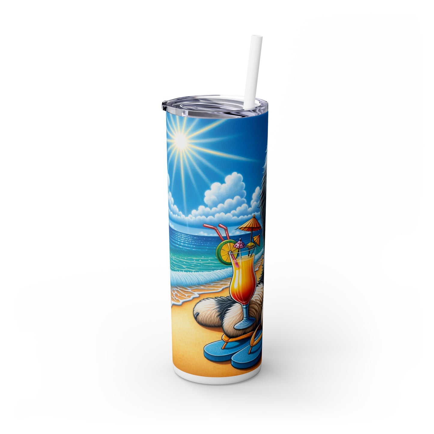 Skinny Tumbler with Straw, 20oz, Dog on Beach, Old English Sheepdog, awd-1228