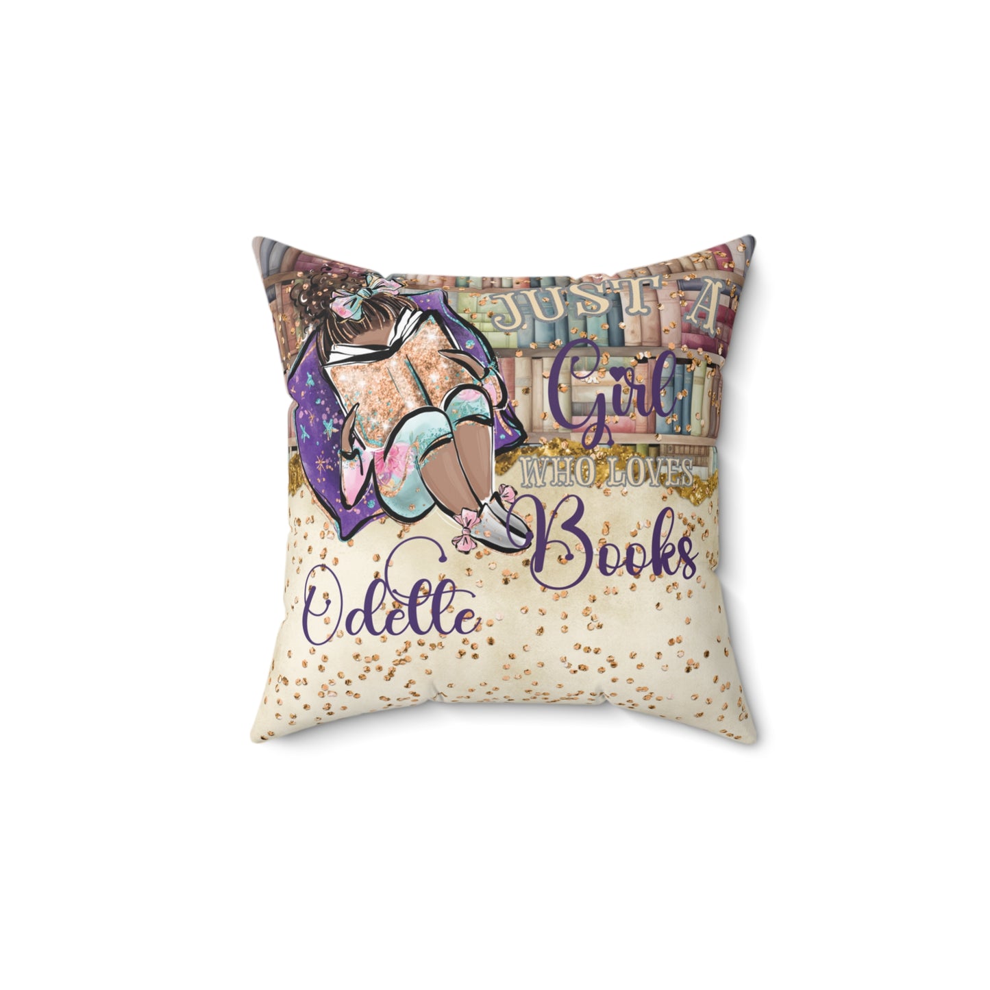 Polyester Square Pillow, Just a Girl who Loves Books, Dark Skin