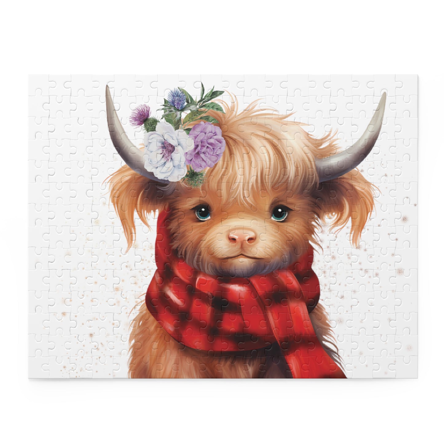 Personalised/Non-Personalised Puzzle, Highland Cow with red tartan scarf (120, 252, 500-Piece)