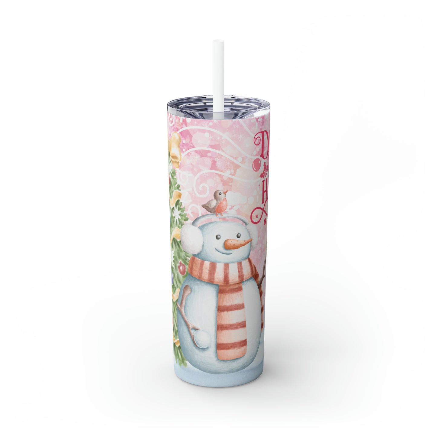 Skinny Tumbler with Straw, 20oz, Snowman, Deck the Halls