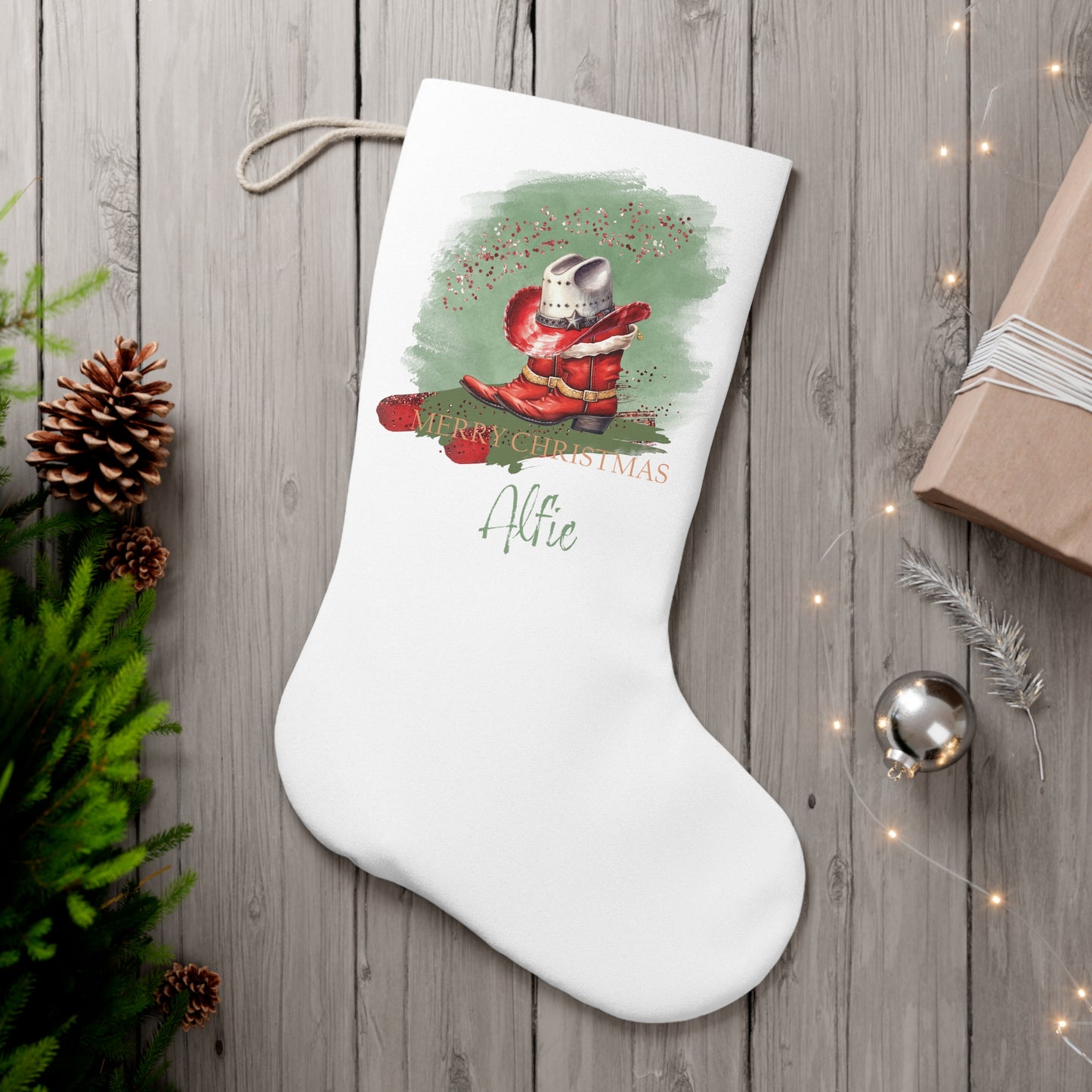 Personalised Santa Stocking, Sage Christmas Country Country Boots