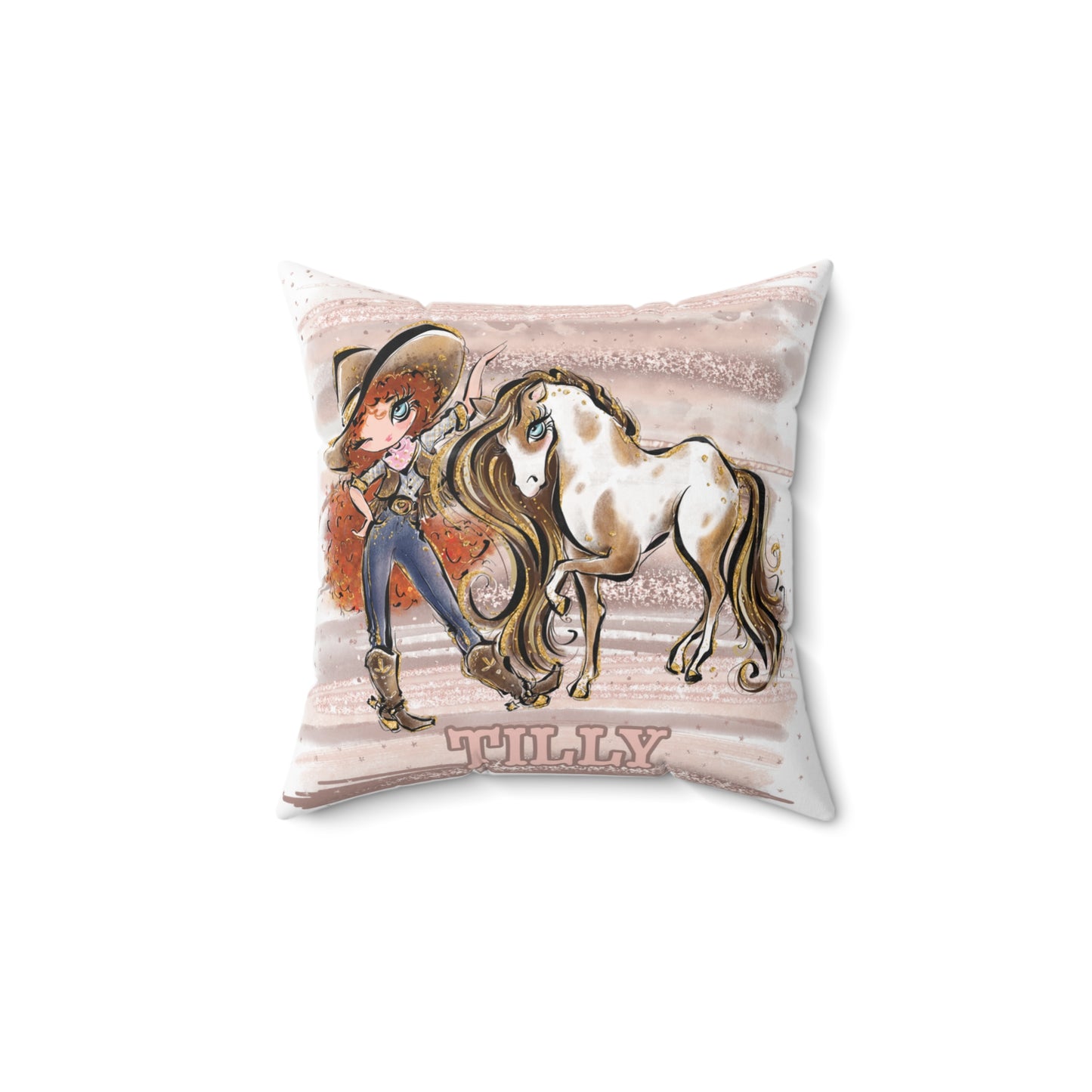 Personalised Cowgirl and Horse Cushion,  Red Curly Hair, Blue Eyes, Polyester Square Cushion, Christmas cushion