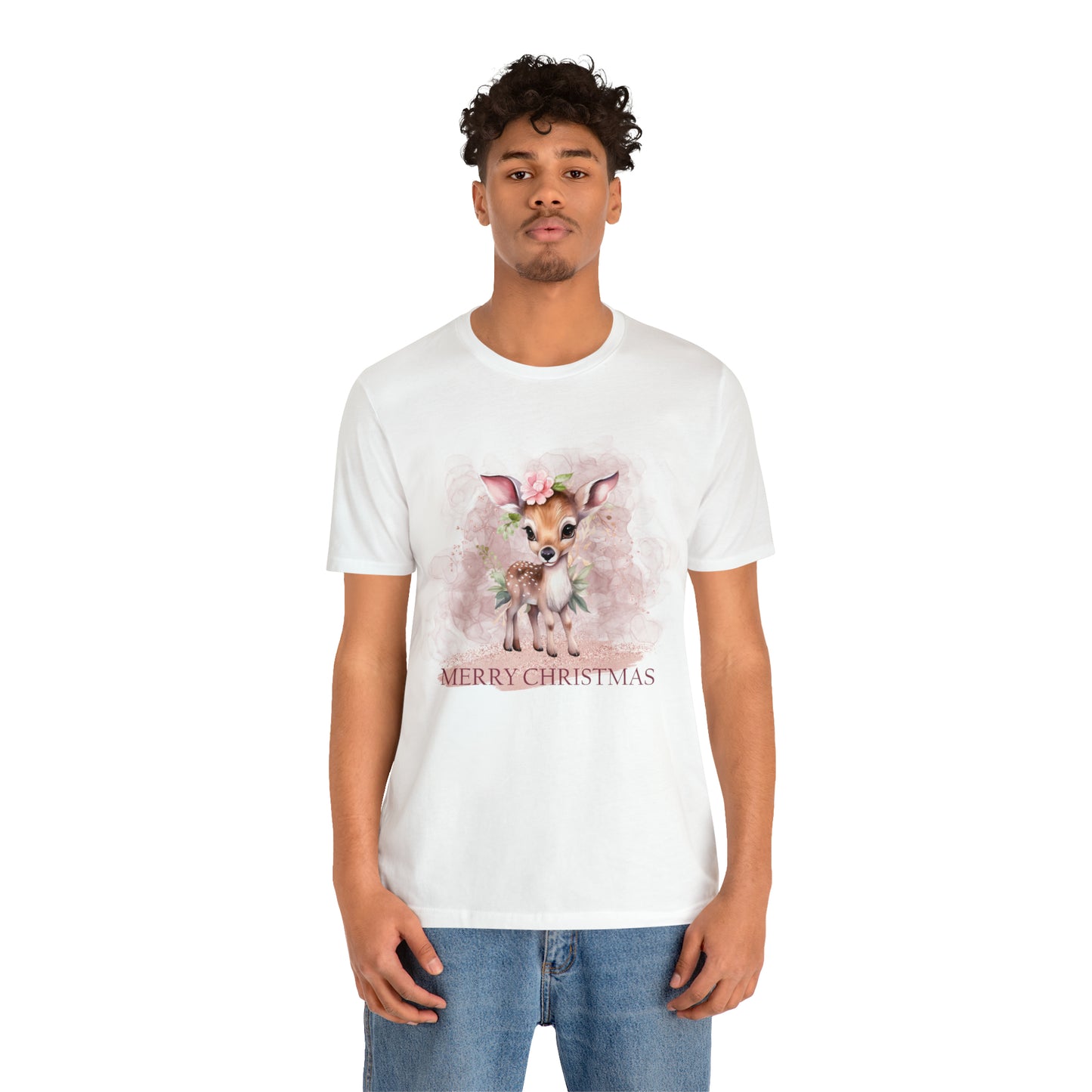 Unisex Adults Jersey Short Sleeve Tee Pink Christmas, Deer, Christmas TShirt