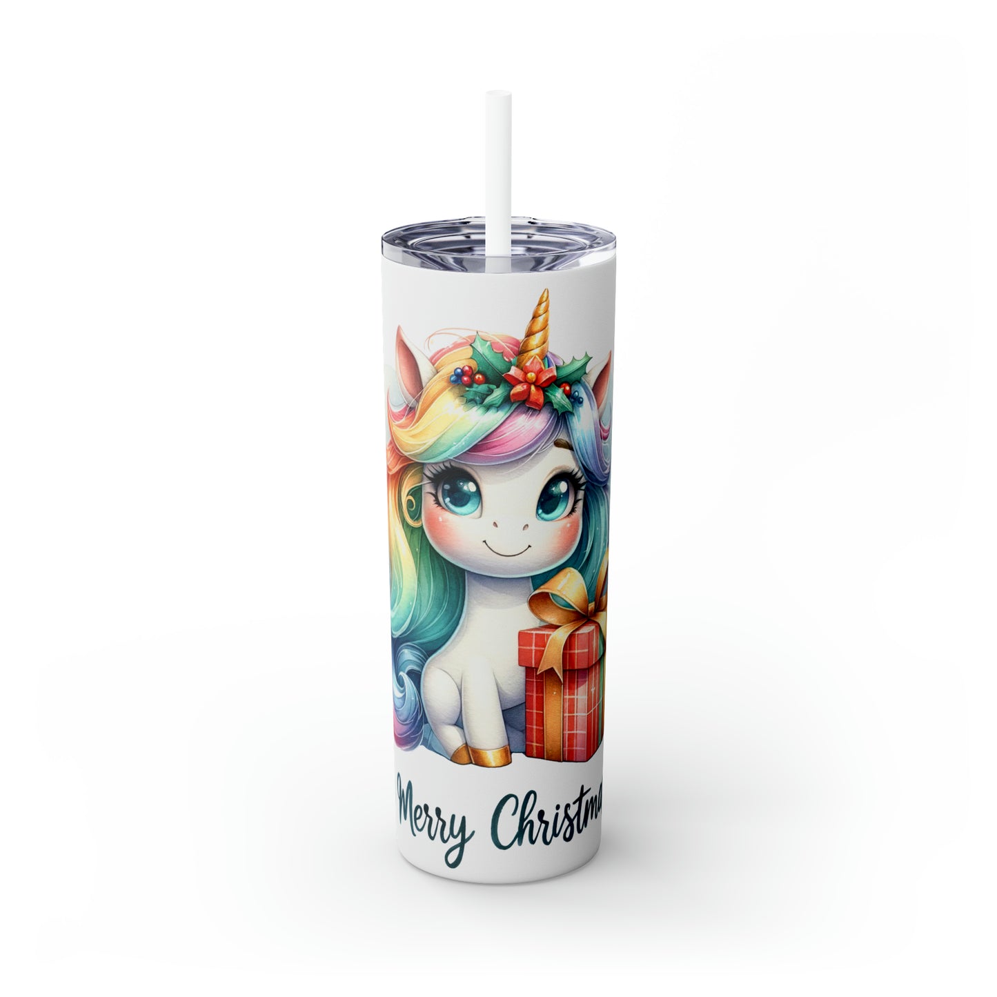 Skinny Tumbler with Straw, 20oz, Unicorn, Merry Christmas