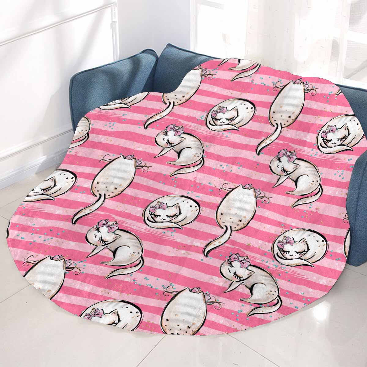 Cats Pink  Circular Micro Fleece Blanket 47"