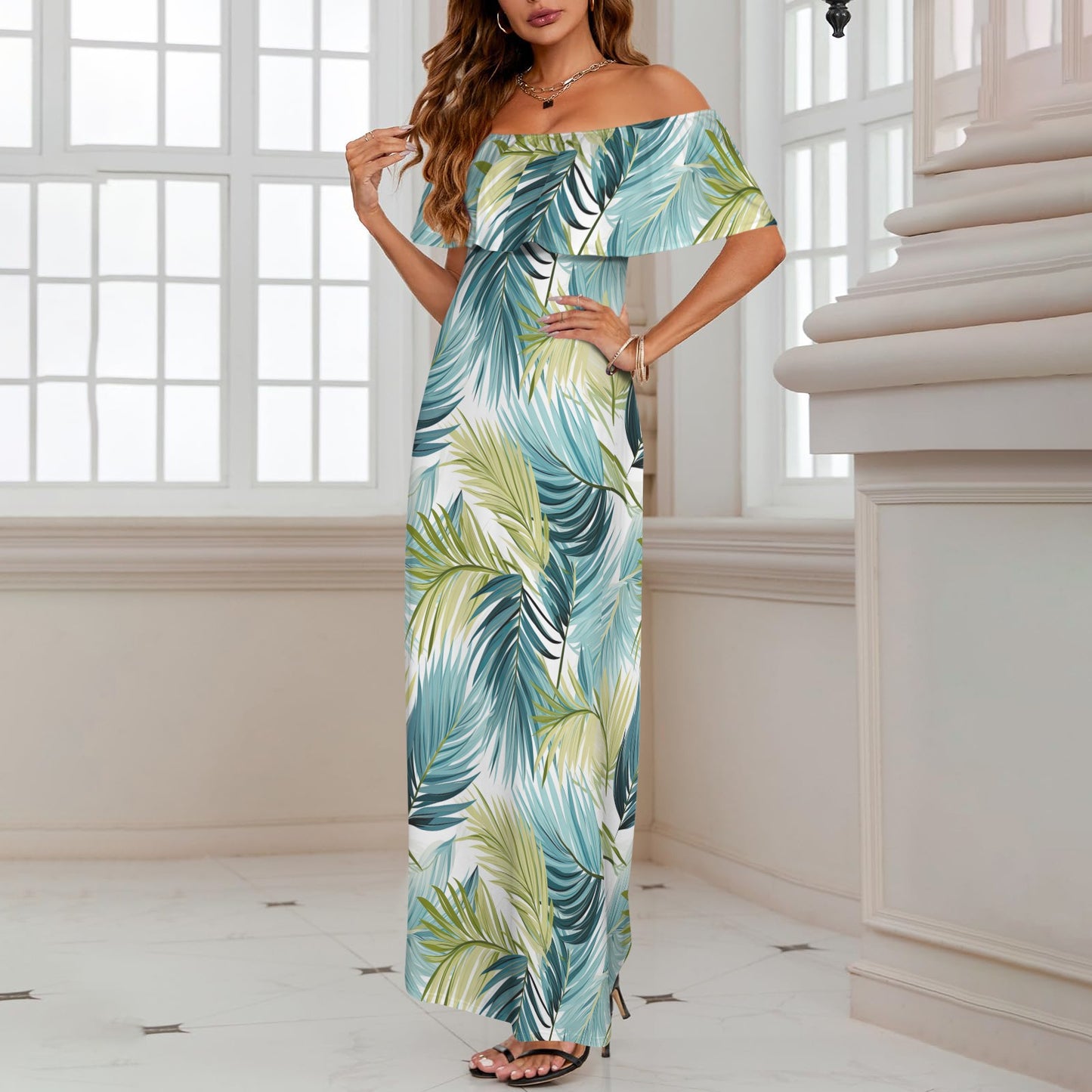 Palm Leaves Blue Green Women's Off Shoulder Ruffle Boat Neck Dress (Model D71)