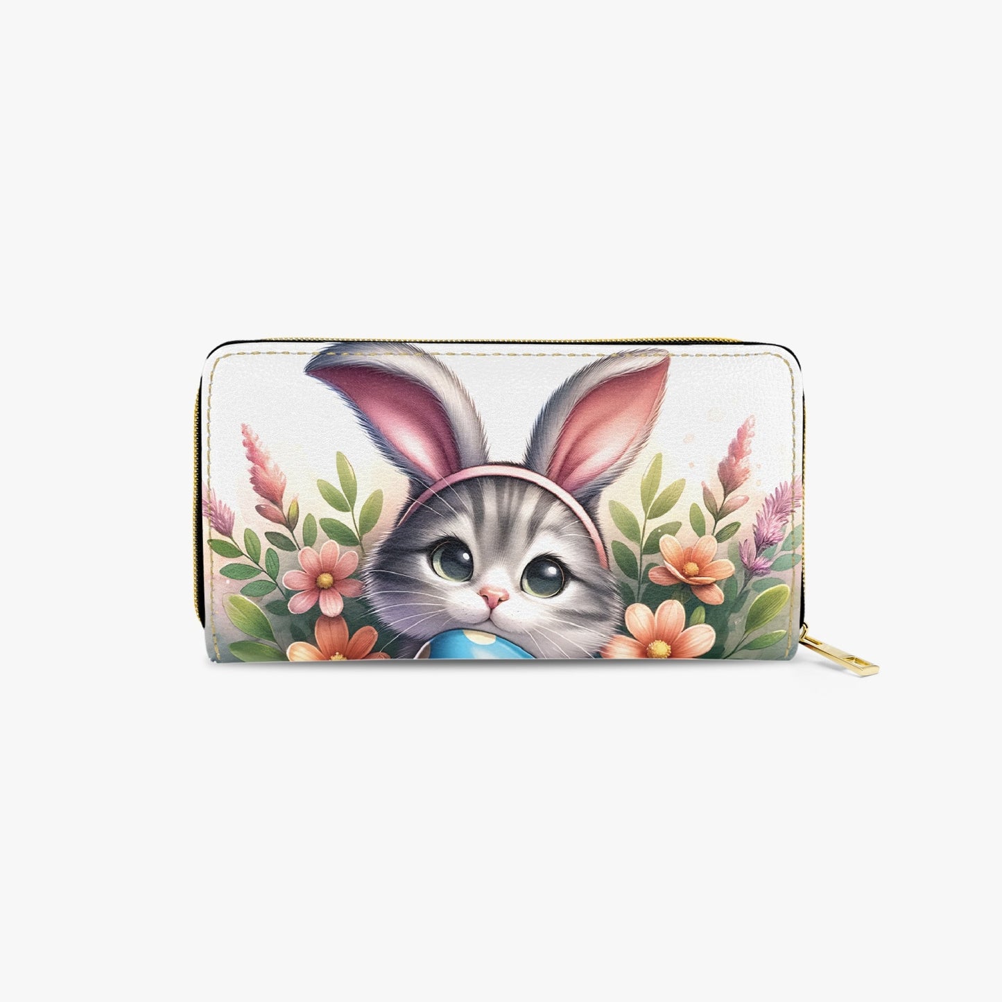 Long Type Zipper Purse, Easter Cat with Bunny Ears, awd-1308