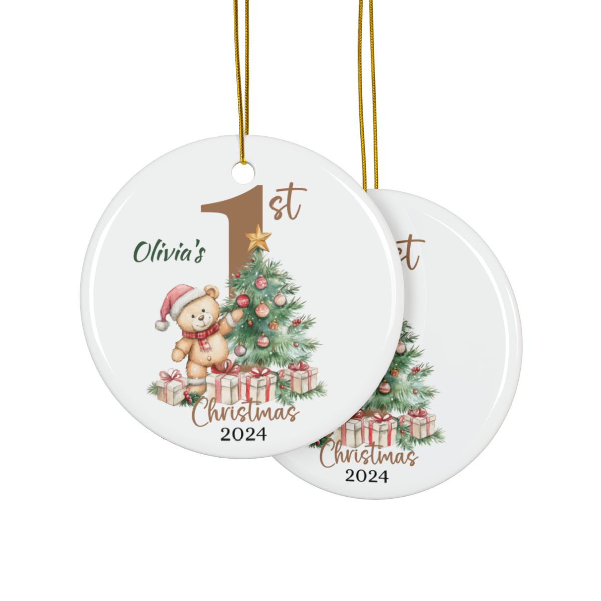 Teddy Bear Christmas Ornament, Personalized Baby's First Christmas, Cute Custom Holiday Keepsake, Ceramic Tree Decoration