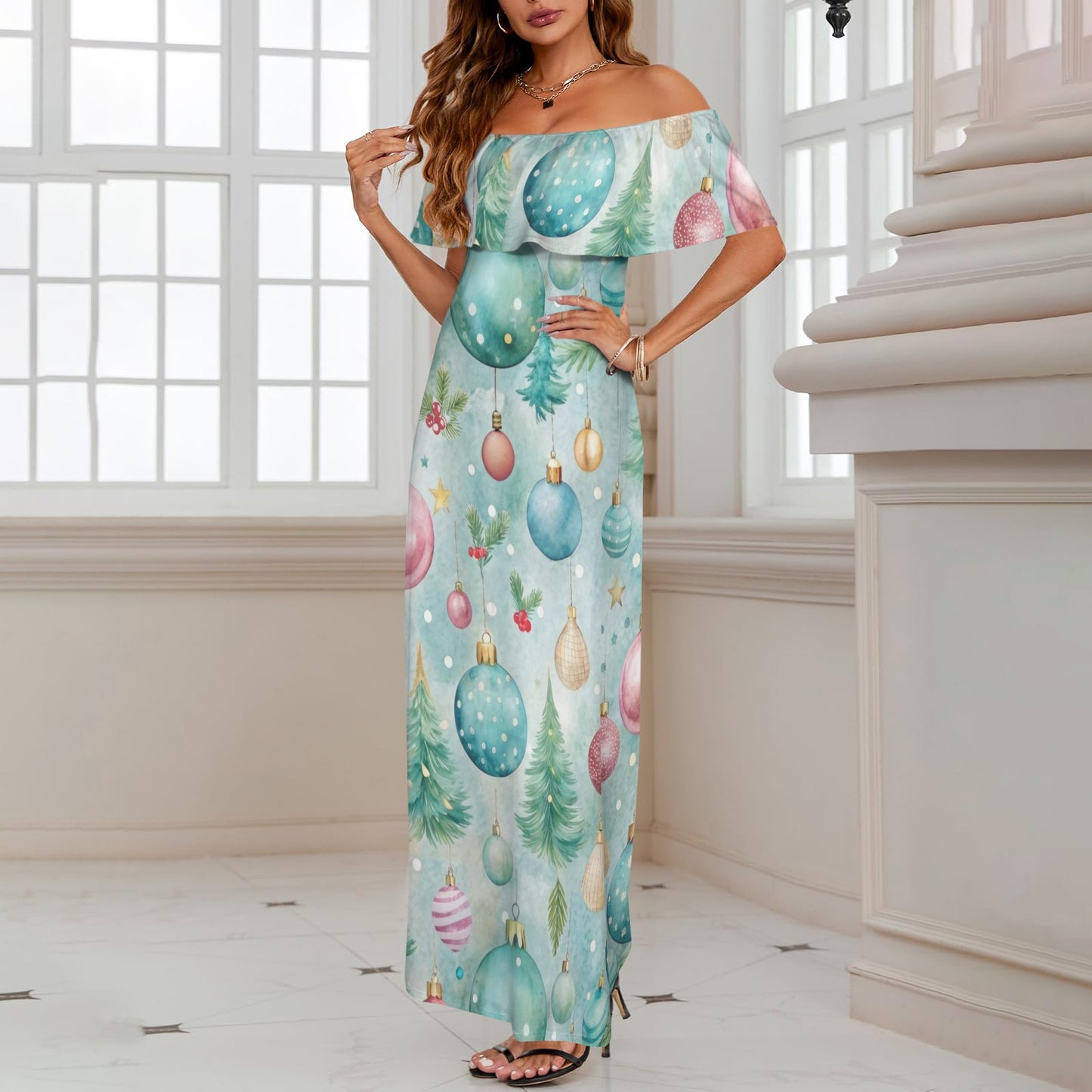 Mint Christmas Women's Off Shoulder Ruffle Boat Neck Dress (Model D71)