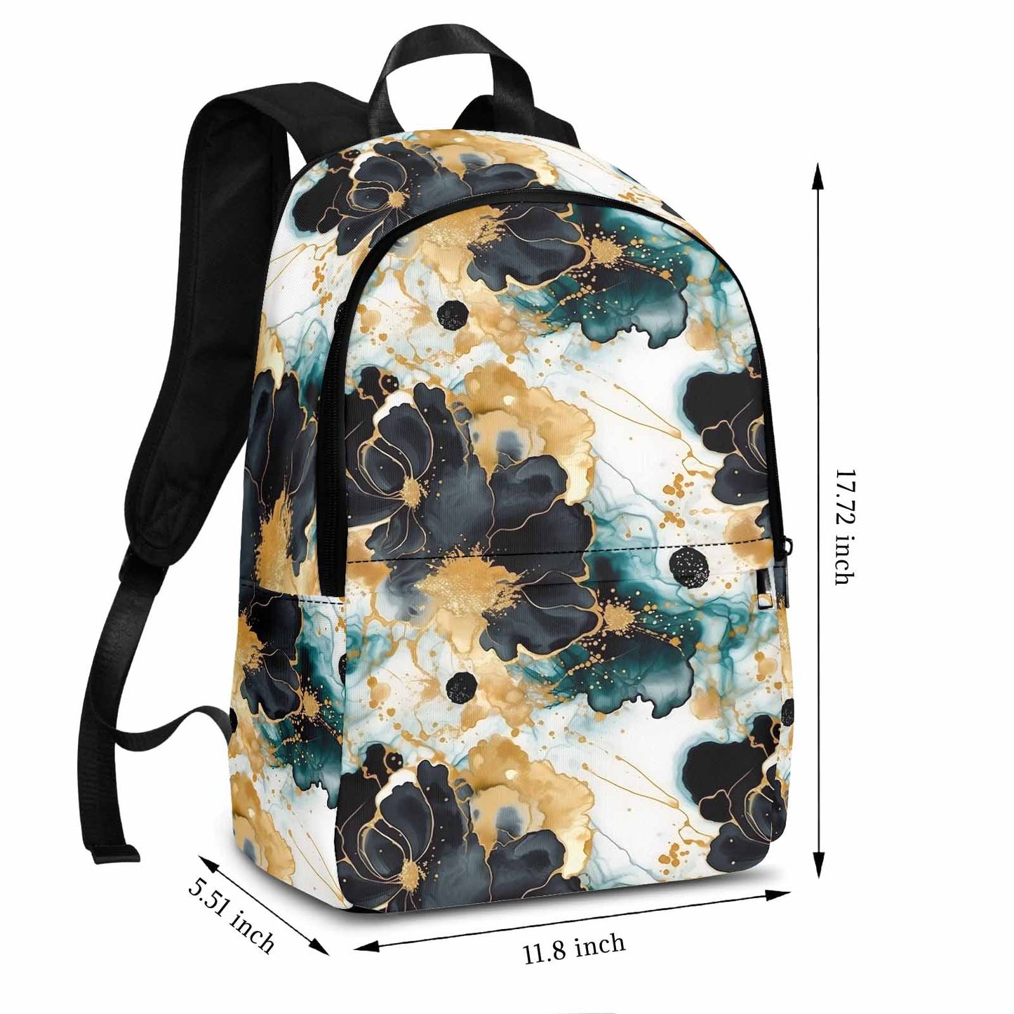 Black Gold & Green Ink Floral Adult Casual Backpack