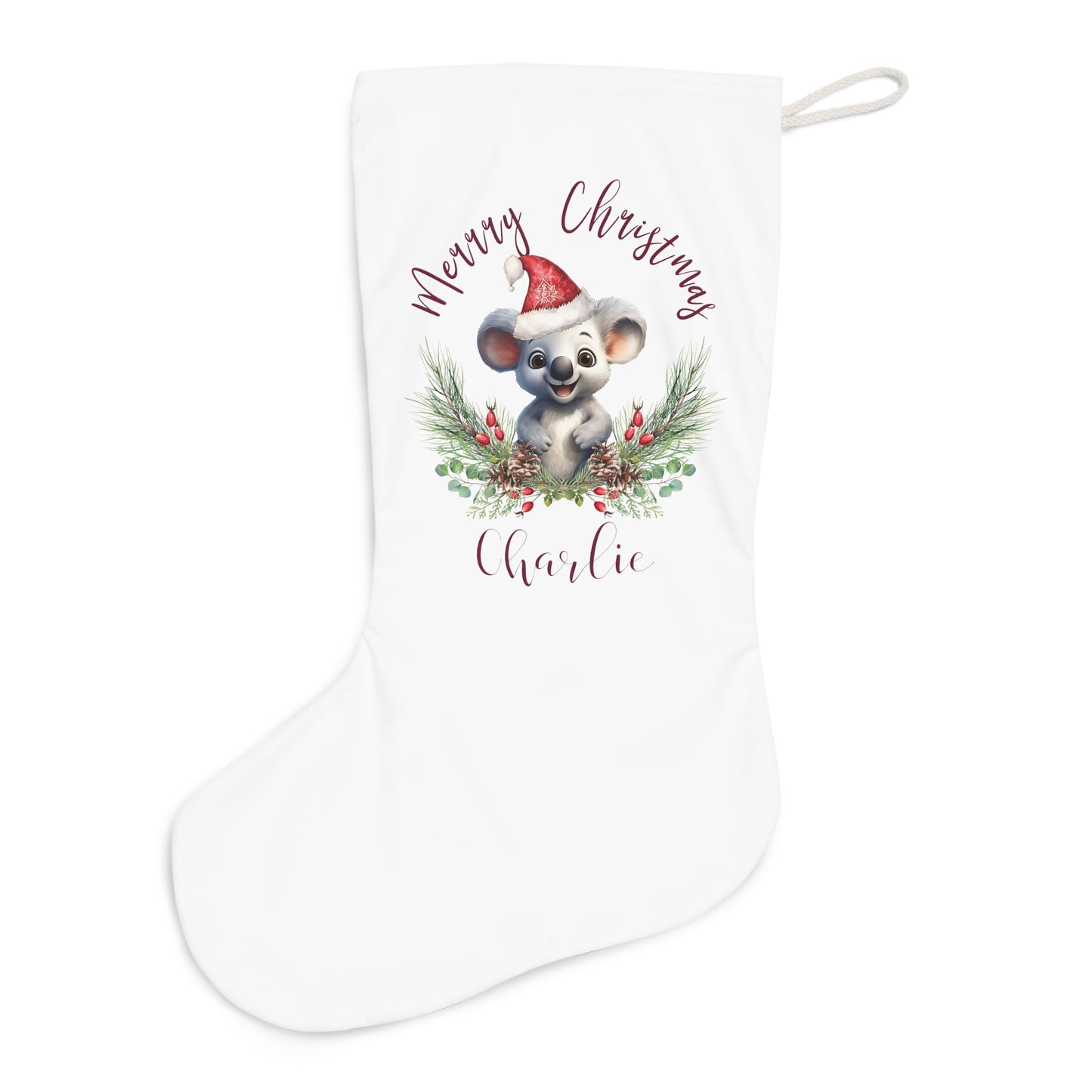 Personalised Santa Stocking, Australian Animals Poinsettia, Koala