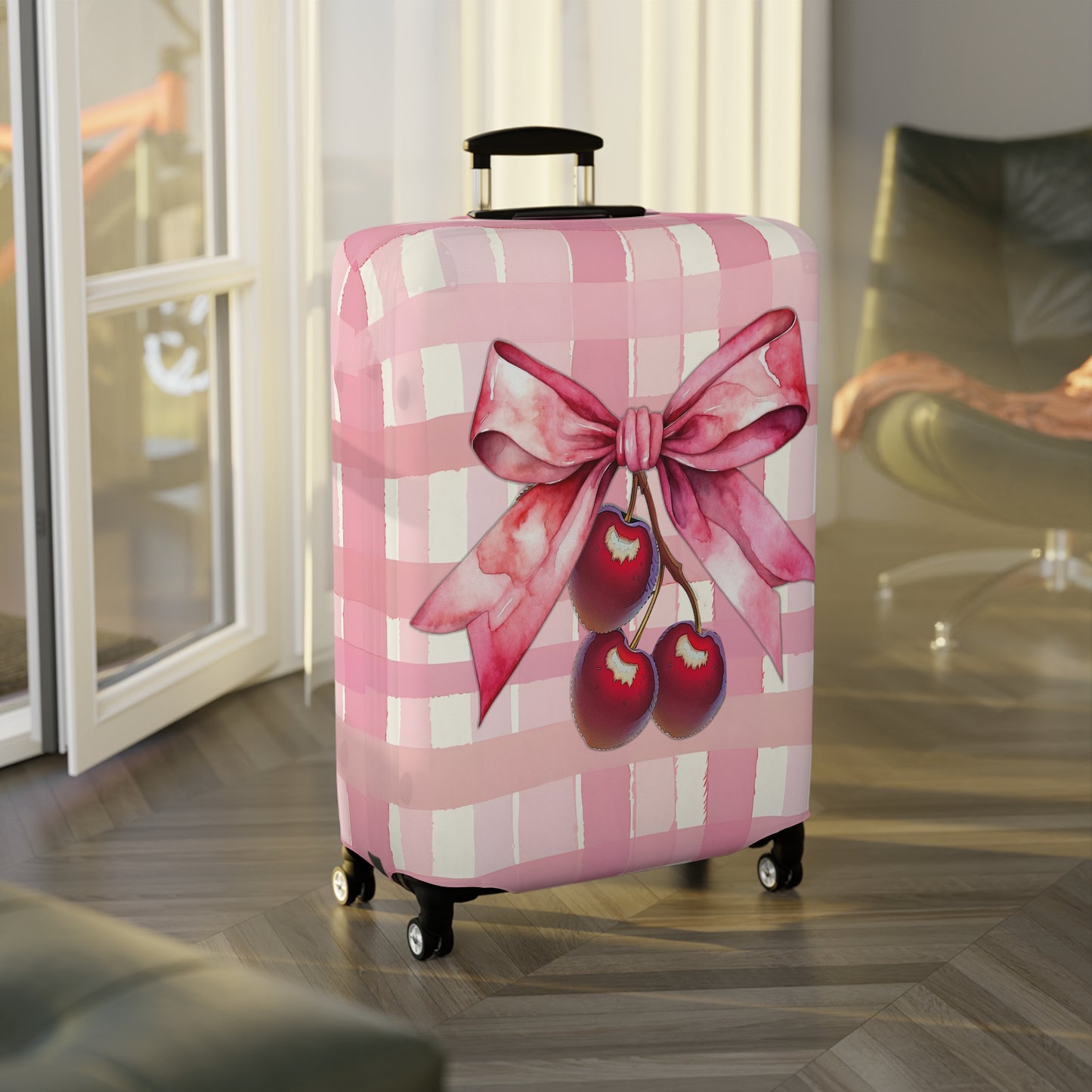 Luggage Cover, Rockabilly, Coquette, Pink Tartan, Cherries and Ribbon, awd-2517