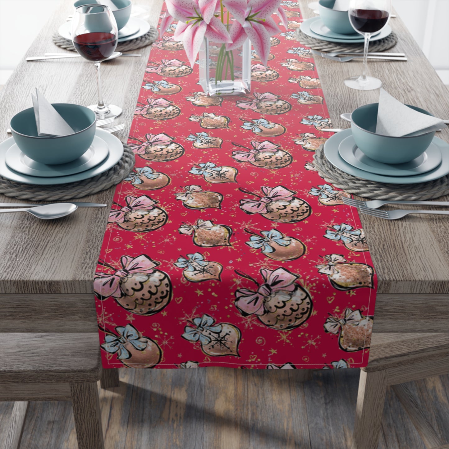 Christmas Baubles, Table Runner, Cotton Twill and Poly Available