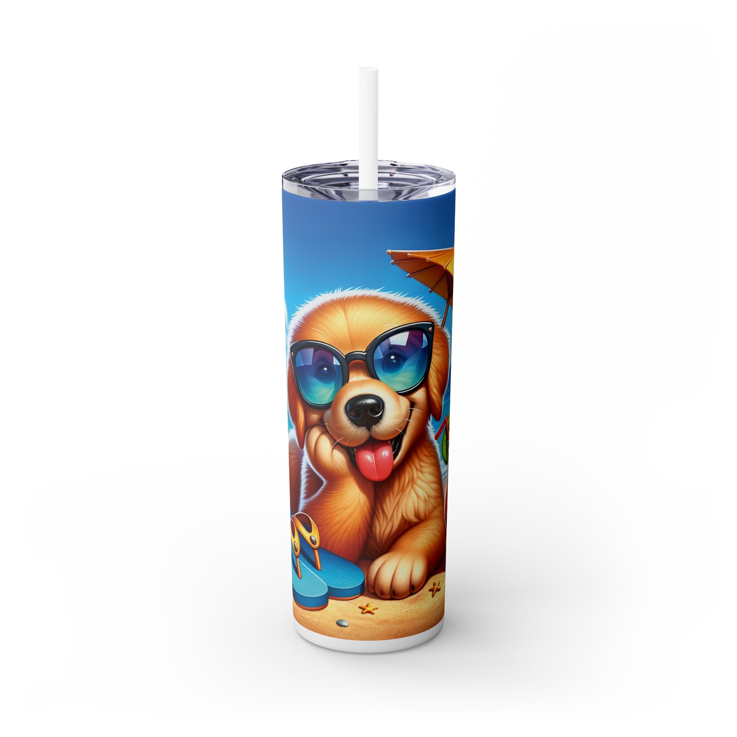 Skinny Tumbler with Straw, 20oz, Dog on Beach, Golden Retriever, awd-1213