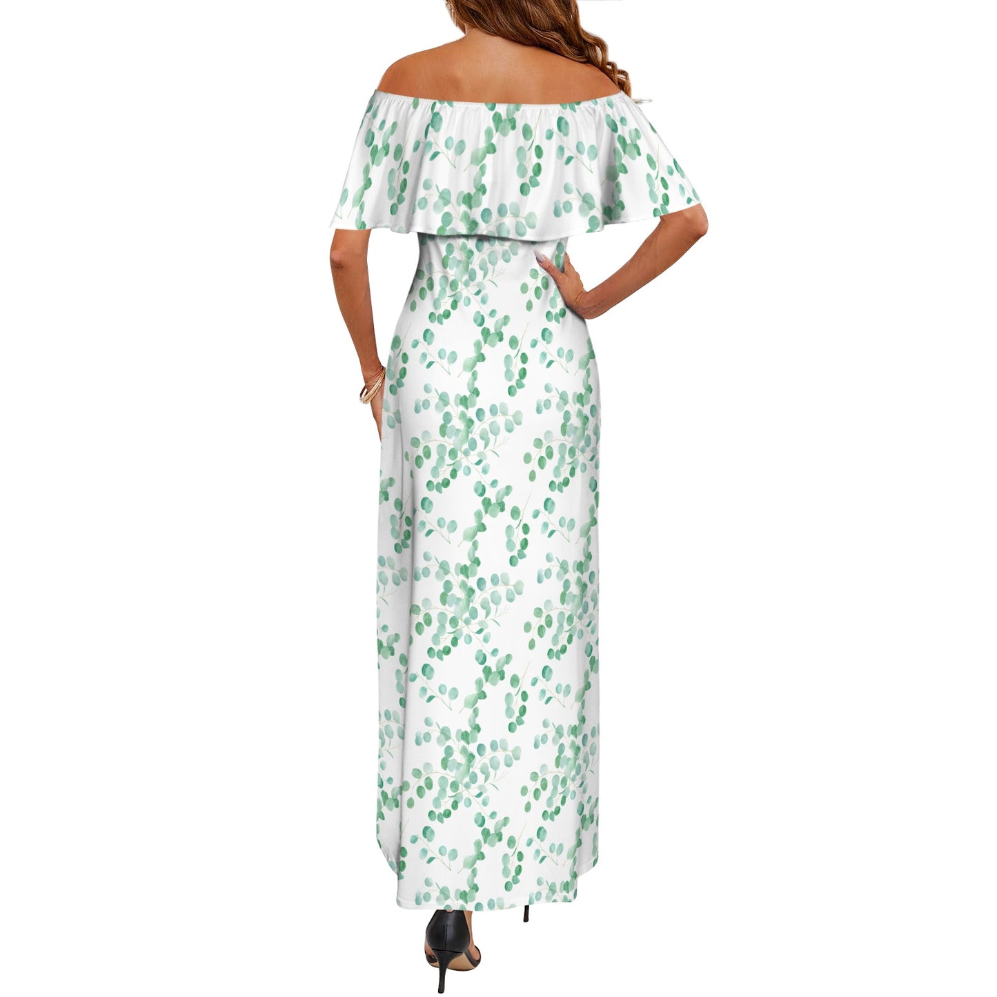 Australian Eucalyptus Leaves Large Print Women's Off Shoulder Ruffle Boat Neck Dress (Model D71)