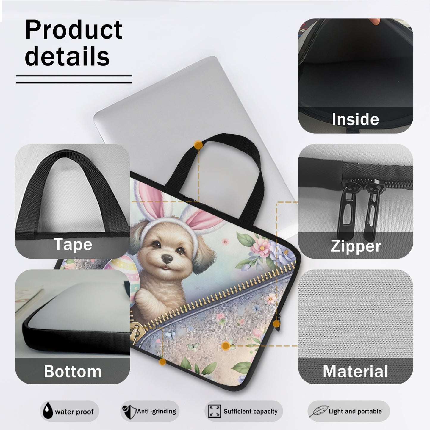 Laptop Sleeve with Handles - Easter - Dog with Bunny Ears