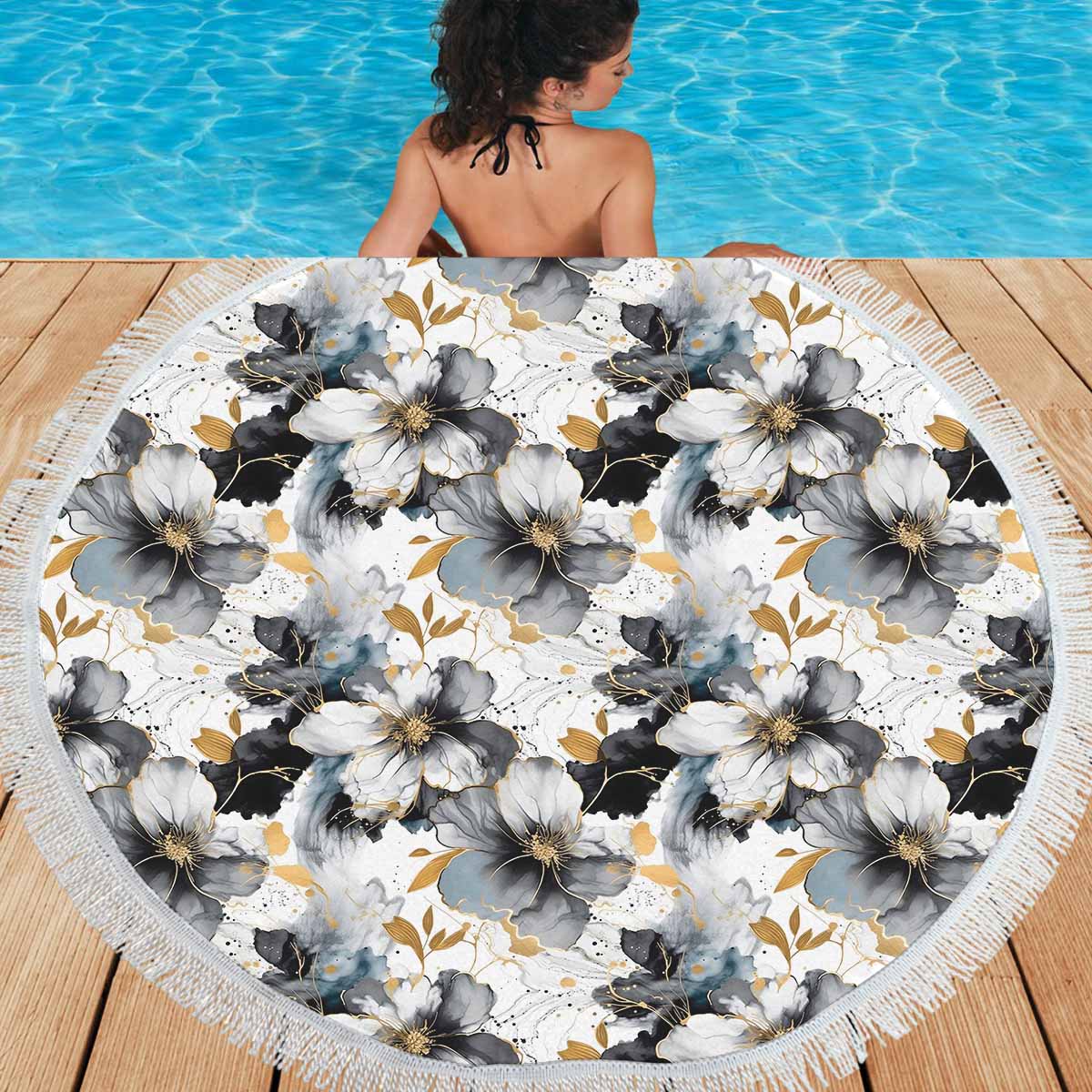 Black White and Gold  Circular Beach Shawl 59"