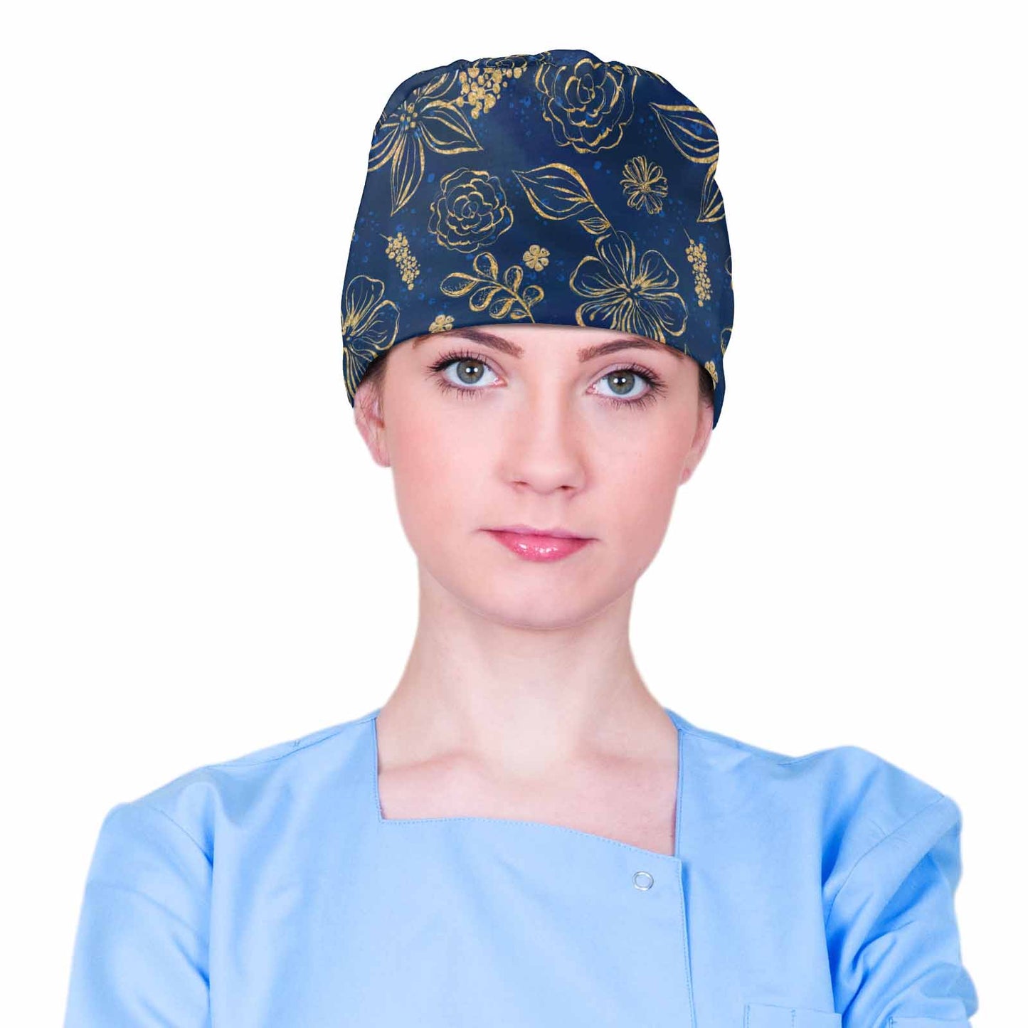 Nurse Scrub Cap Blue and Gold Floral  Scrub Cap