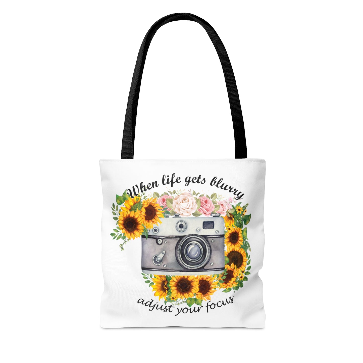 Personalised/Non-Personalised Tote Bag, Sunflower, Camera, When Life gets Blurry adjust your Focus, Tote bag