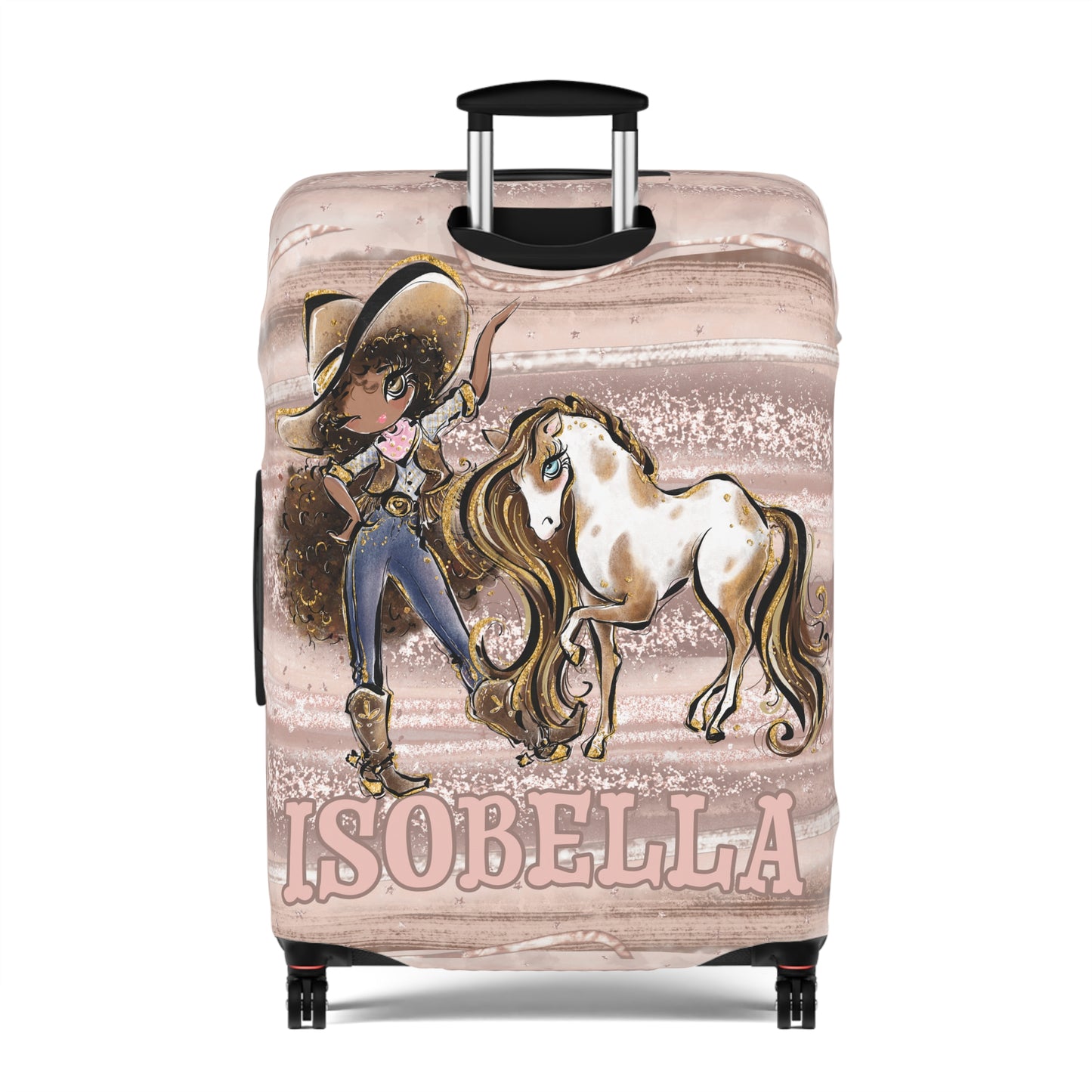 Luggage Cover, Howdy Cowgirl and Horse, Brunette Curly Hair Olive Skin Brown Eyes