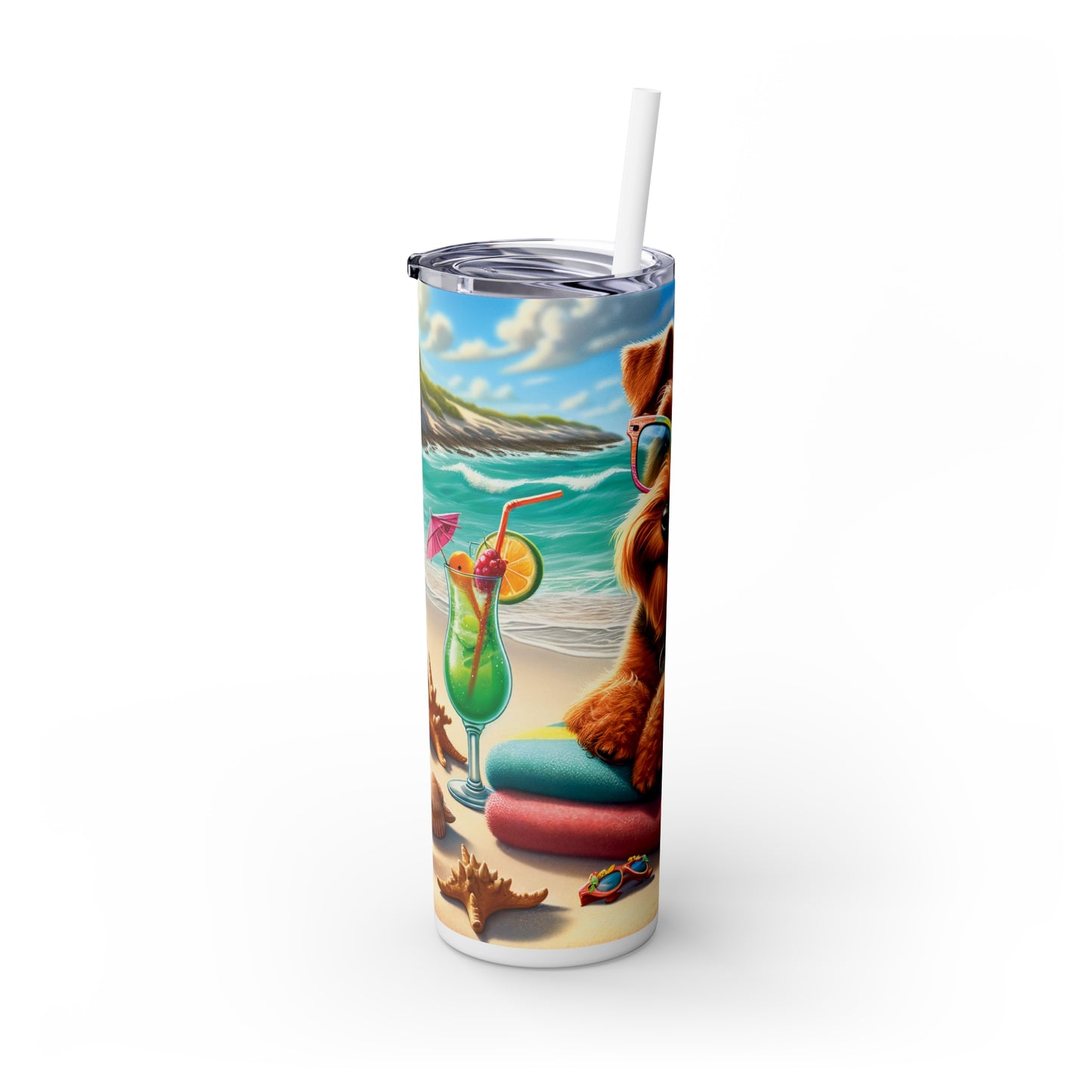 Skinny Tumbler with Straw, 20oz, Dog on Beach, Irish Terrier, awd-1216