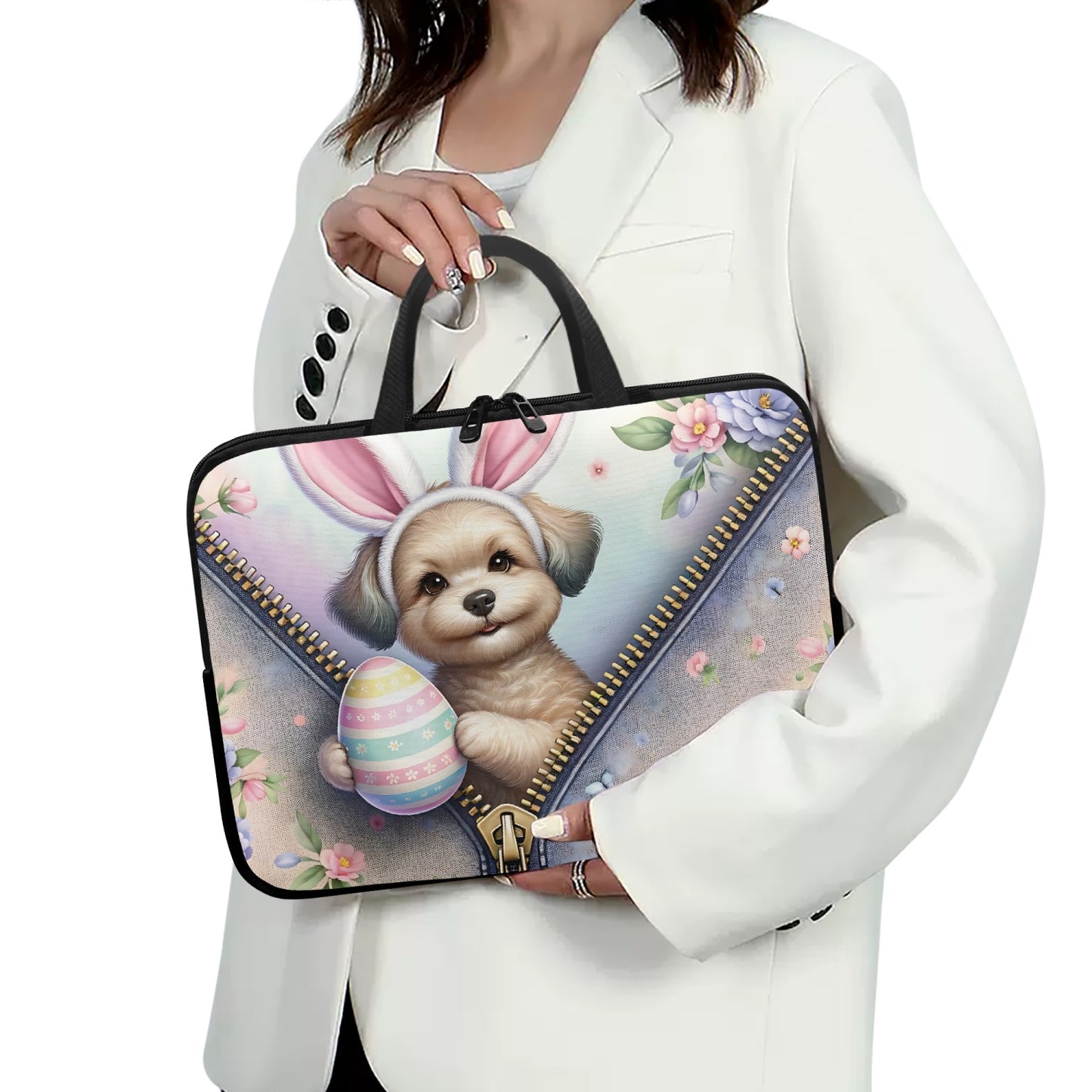 Laptop Sleeve with Handles - Easter - Dog with Bunny Ears