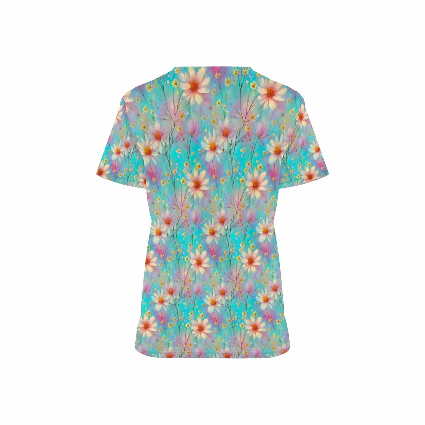 Pastel Wildflowers  Women's V Neck Scrub Top Nurse Uniform with Deep Front Pockets