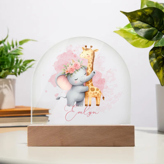 Personalised Elephant & Giraffe Acrylic Dome Plaque Wooden Base Night Light