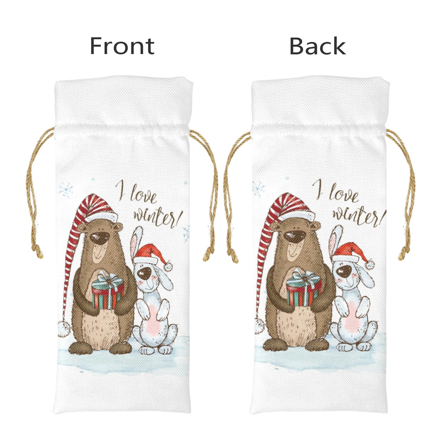 Whimsical Bear and Dog I Love Winter Linen Wine Bottle Bag