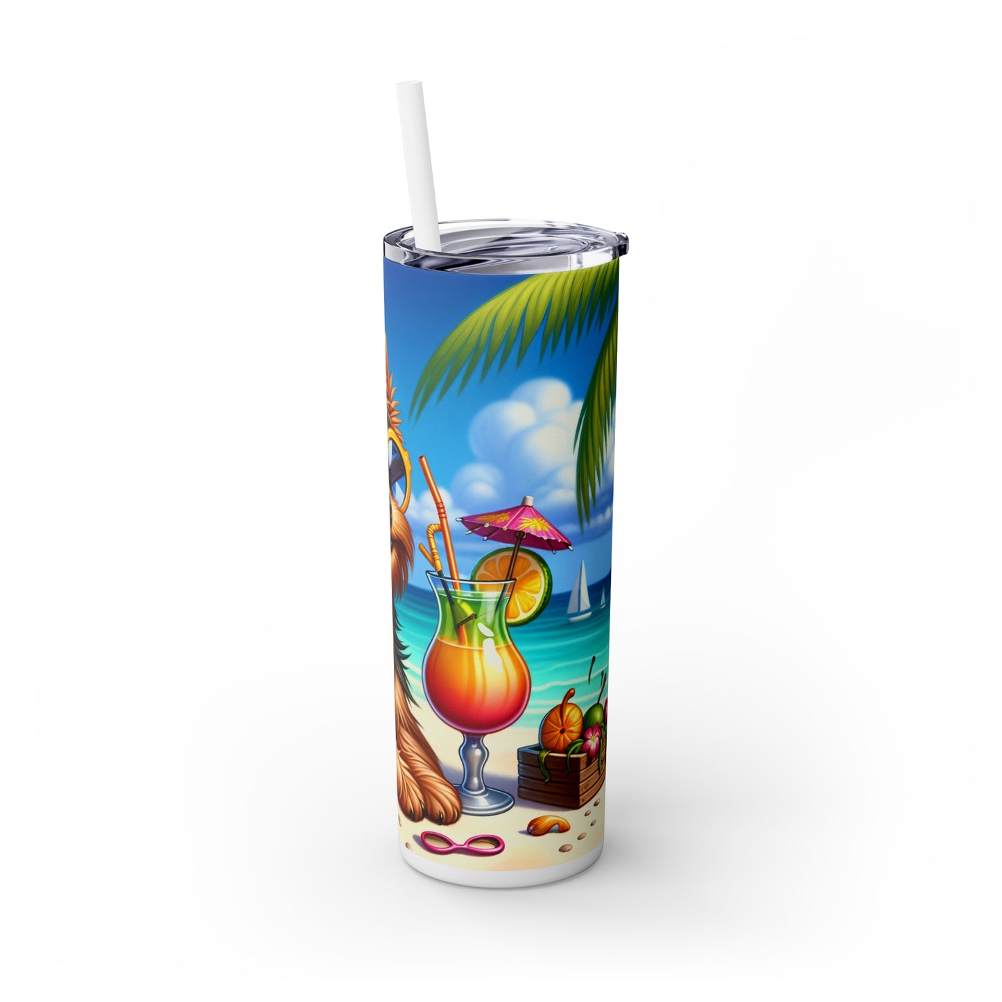 Skinny Tumbler with Straw, 20oz, Dog on Beach, Yorkshire Terrier, awd-1254