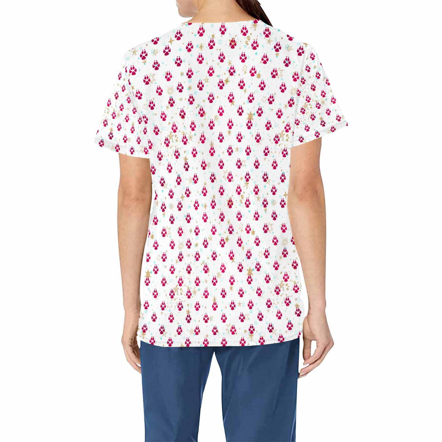 White Dog Paws  Women's V Neck Scrub Top Nurse Uniform with Deep Front Pockets