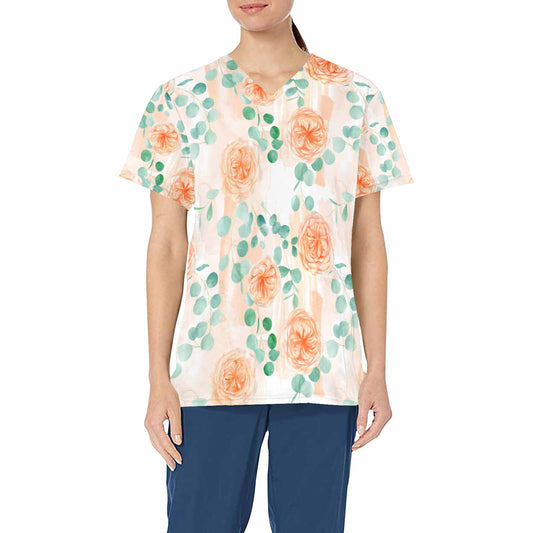 Roses and Eucalyptus  Women's V Neck Scrub Top Nurse Uniform with Deep Front Pockets