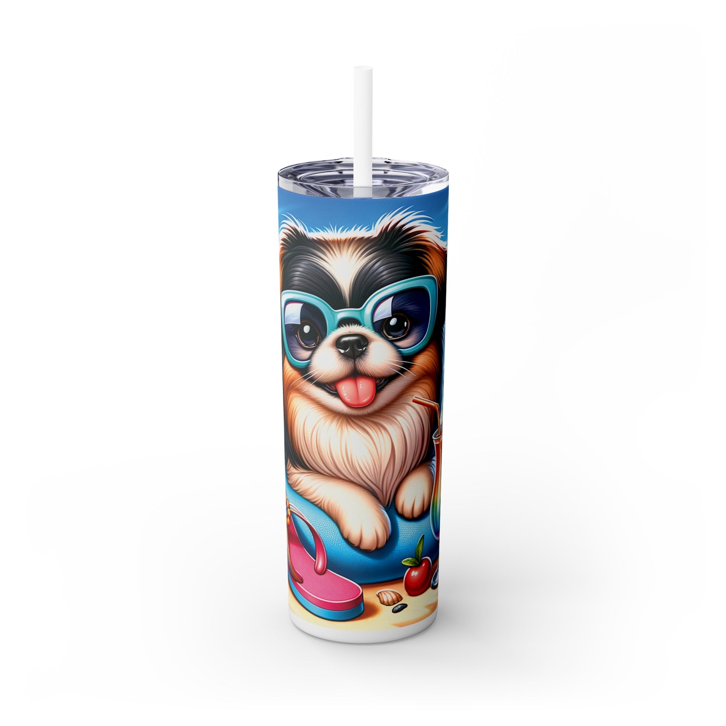 Skinny Tumbler with Straw, 20oz, Dog on Beach, Pekinese, awd-1230