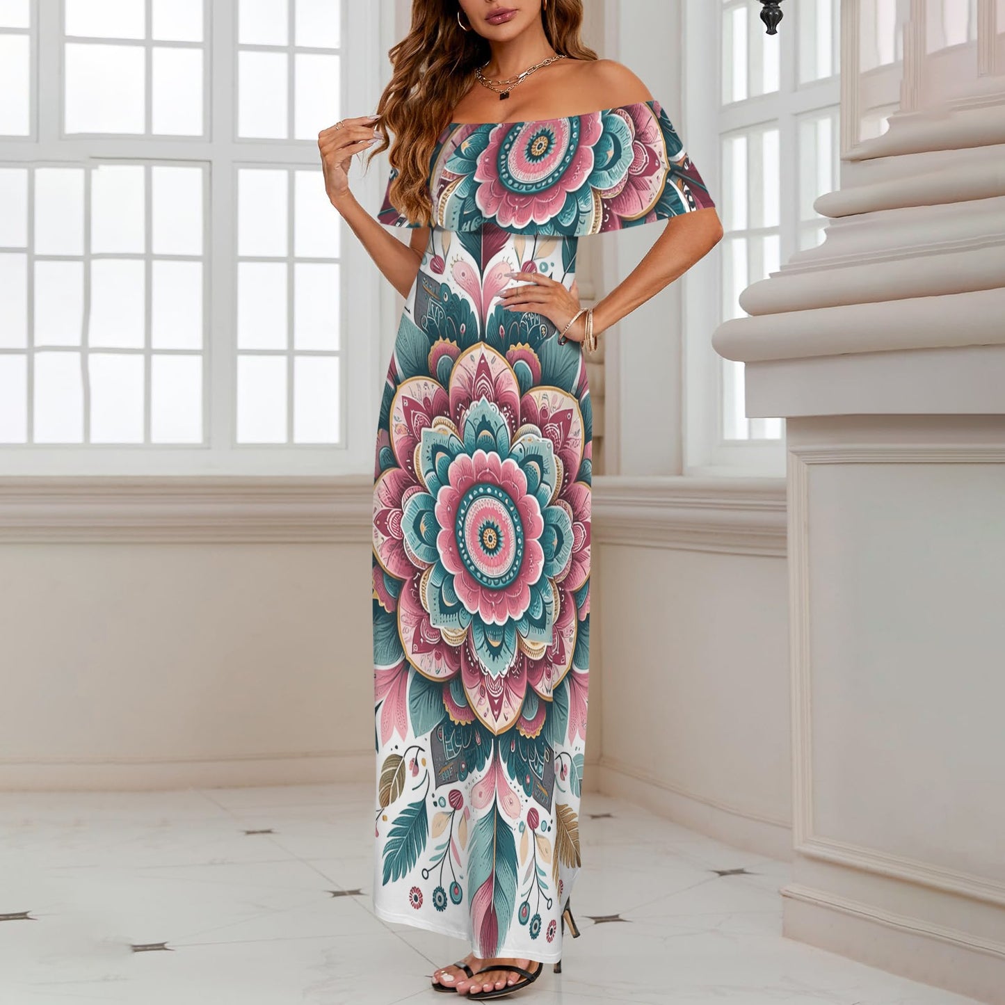Mandalla_Awd35183 Women's Off Shoulder Ruffle Boat Neck Dress (Model D71)