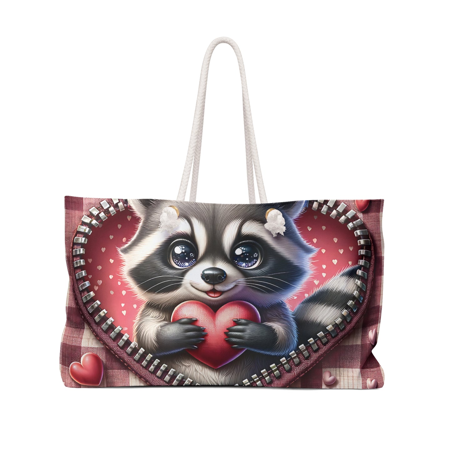 Personalised/Non-Personalised Weekender Bag, Cute Racoon, Zipper, Valentines Day, Large Weekender Bag, Beach Bag, Book Bag