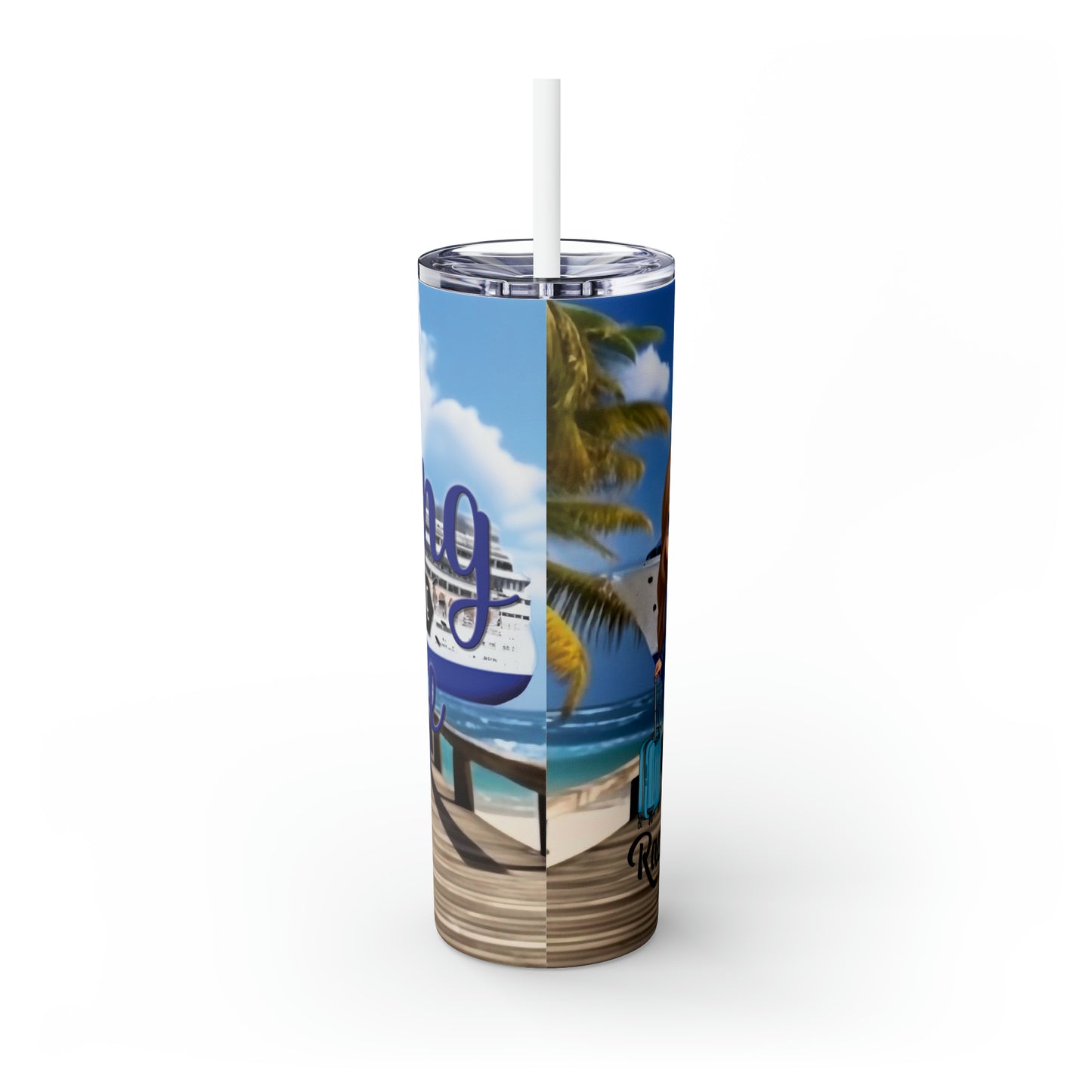 Skinny Tumbler with Straw, 20oz Cruise, Personalised Making Memories One Cruise at a Time, Brown Hair Blue Eyes