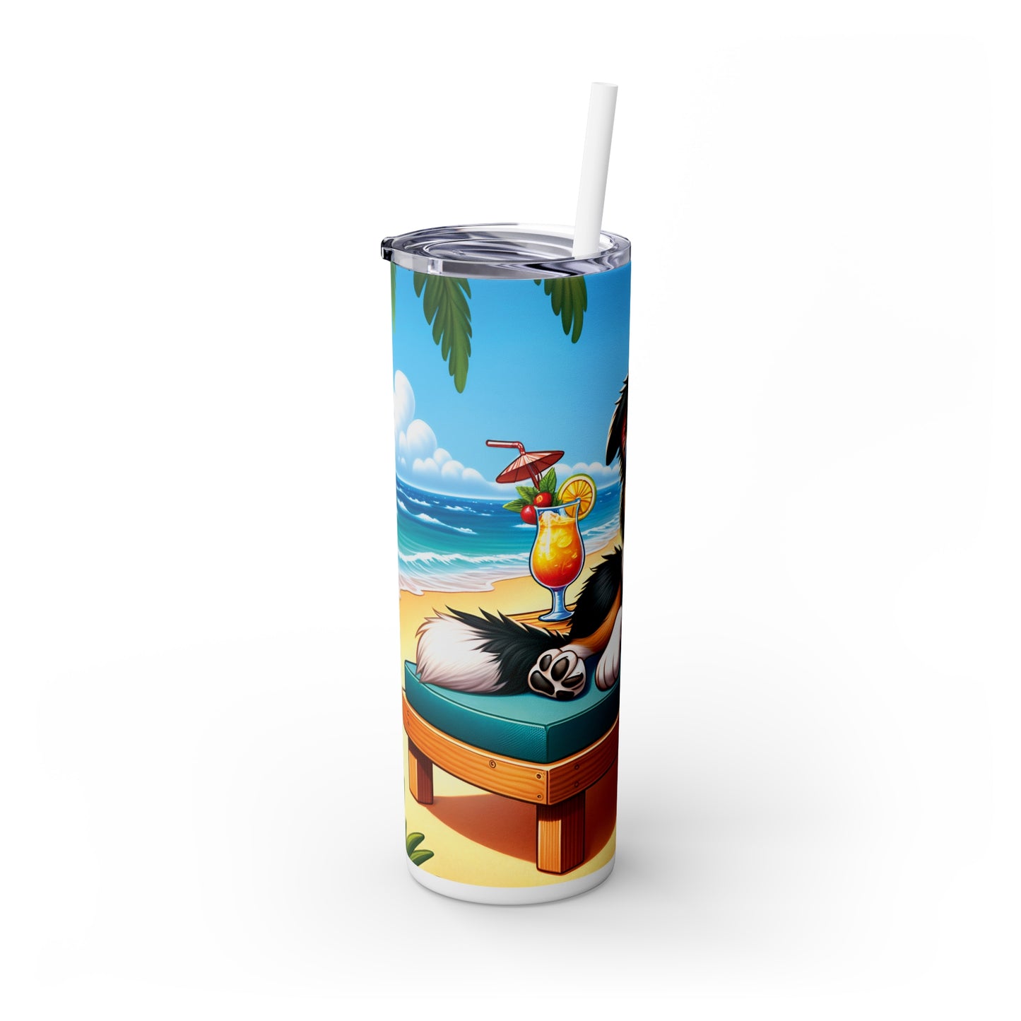 Skinny Tumbler with Straw, 20oz, Dog on Beach, Border Collie, awd-1105