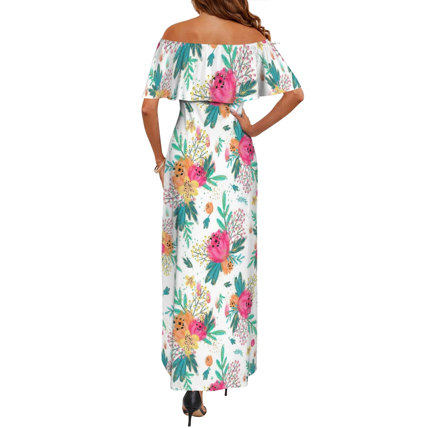 Australian Floral Women's Off Shoulder Ruffle Boat Neck Dress (Model D71)