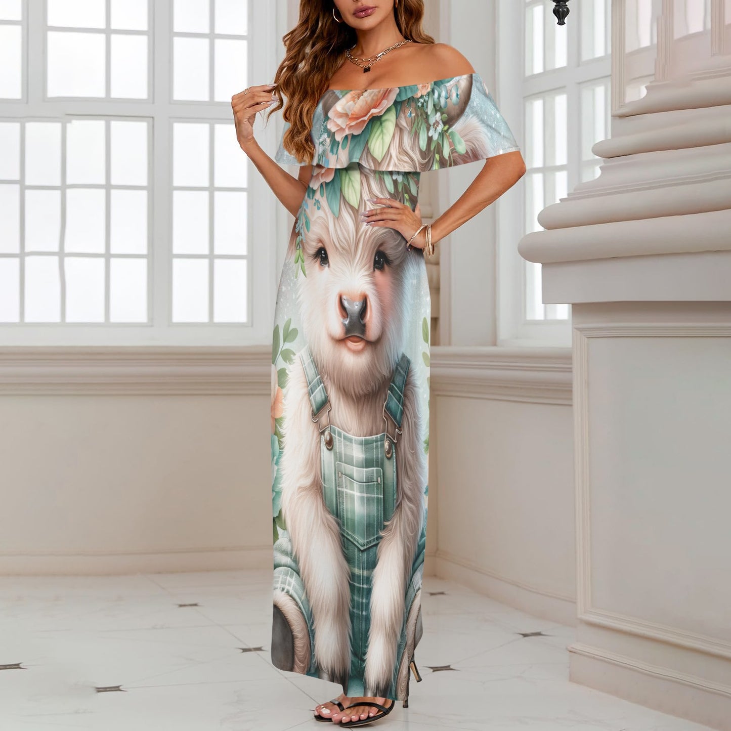 Highland Cow awd1158 Women's Off Shoulder Ruffle Boat Neck Dress (Model D71)
