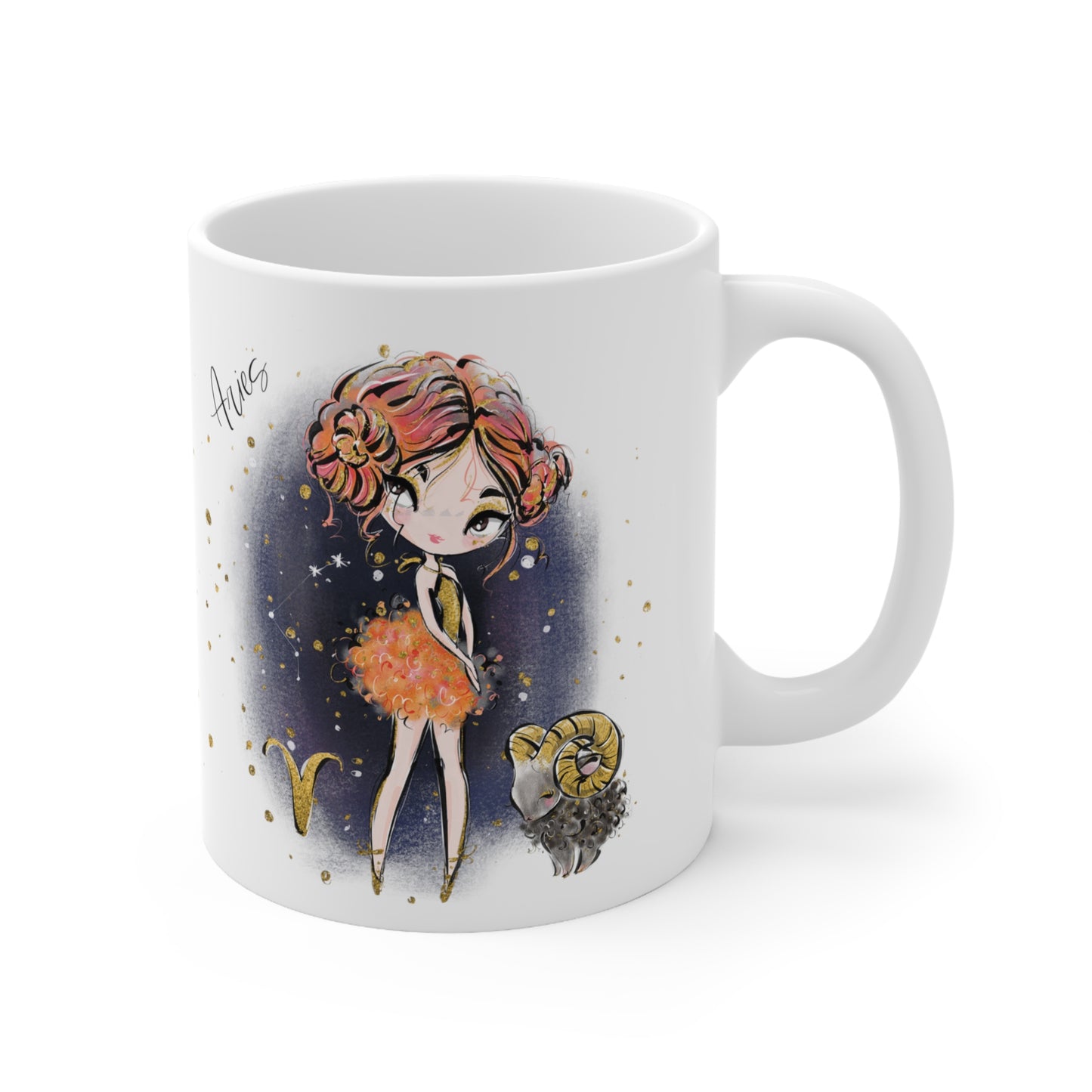 Personalised/Non Personalised Zodiac Sign, Aries, Ceramic Mug 11oz Red Hair - Brown Eyes - Bg