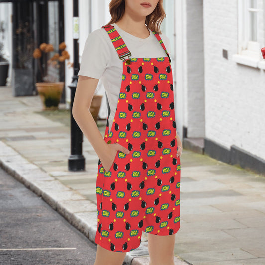 Pop Art Word Red Unisex Shorts Suspender Jumpsuit