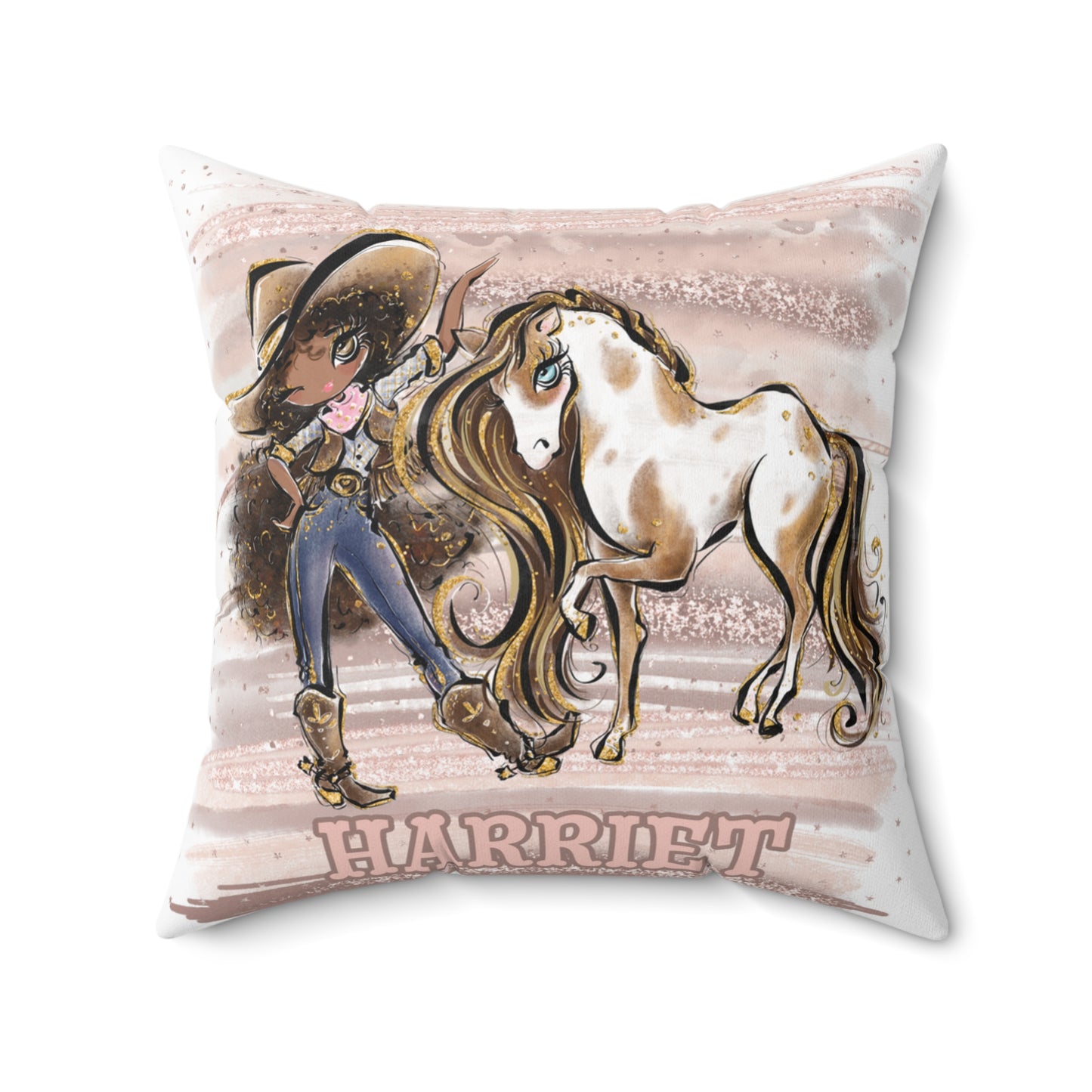 Personalised Cowgirl and Horse Cushion,  Brown Curly Hair, Olive Skin, Brown Eyes, Polyester Square Cushion, Christmas cushion