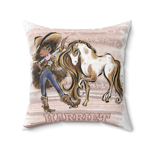 Personalised Cowgirl and Horse Cushion,  Brown Curly Hair, Olive Skin, Brown Eyes, Polyester Square Cushion, Christmas cushion