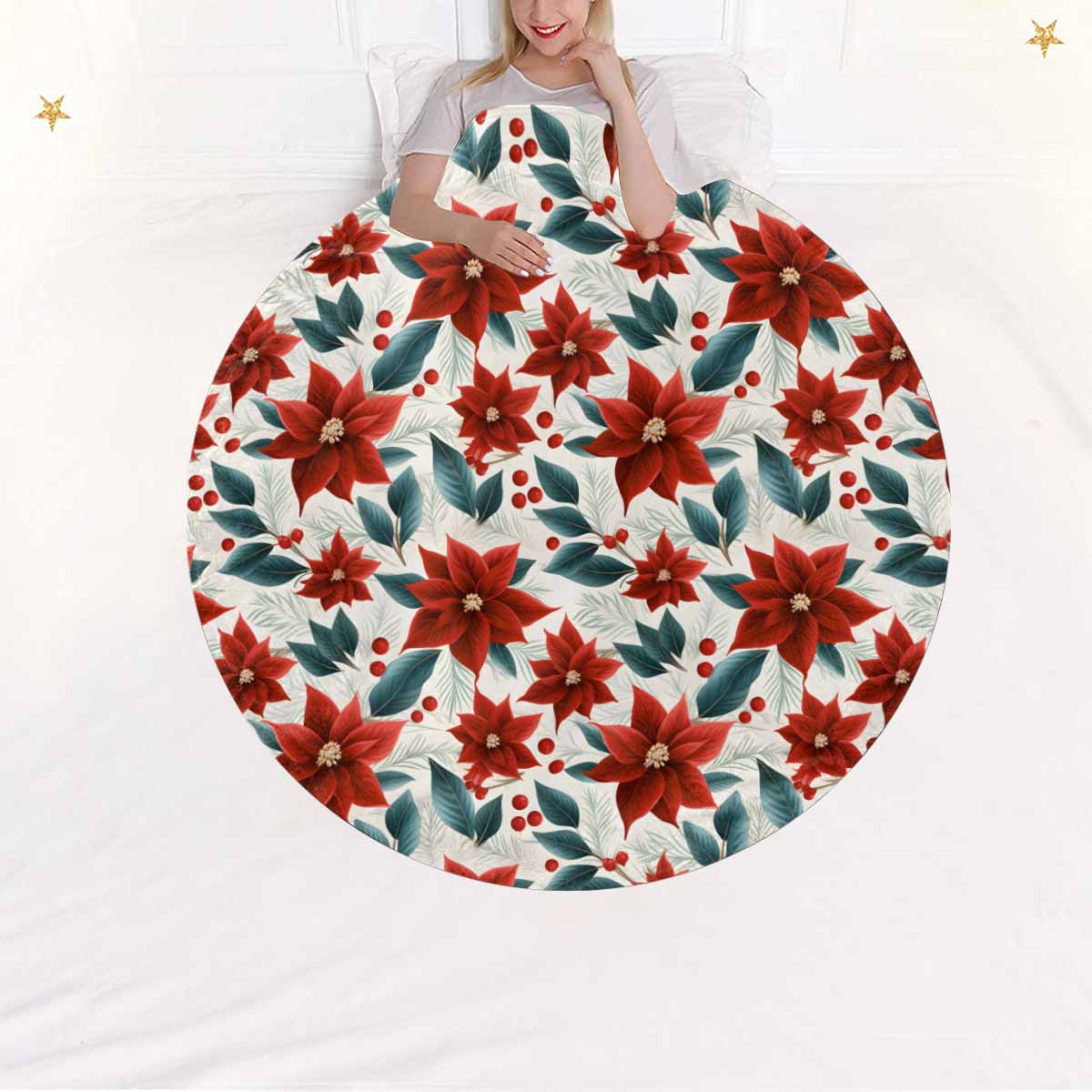 Christmas Red Poinsettia  Circular Micro Fleece Blanket 47"