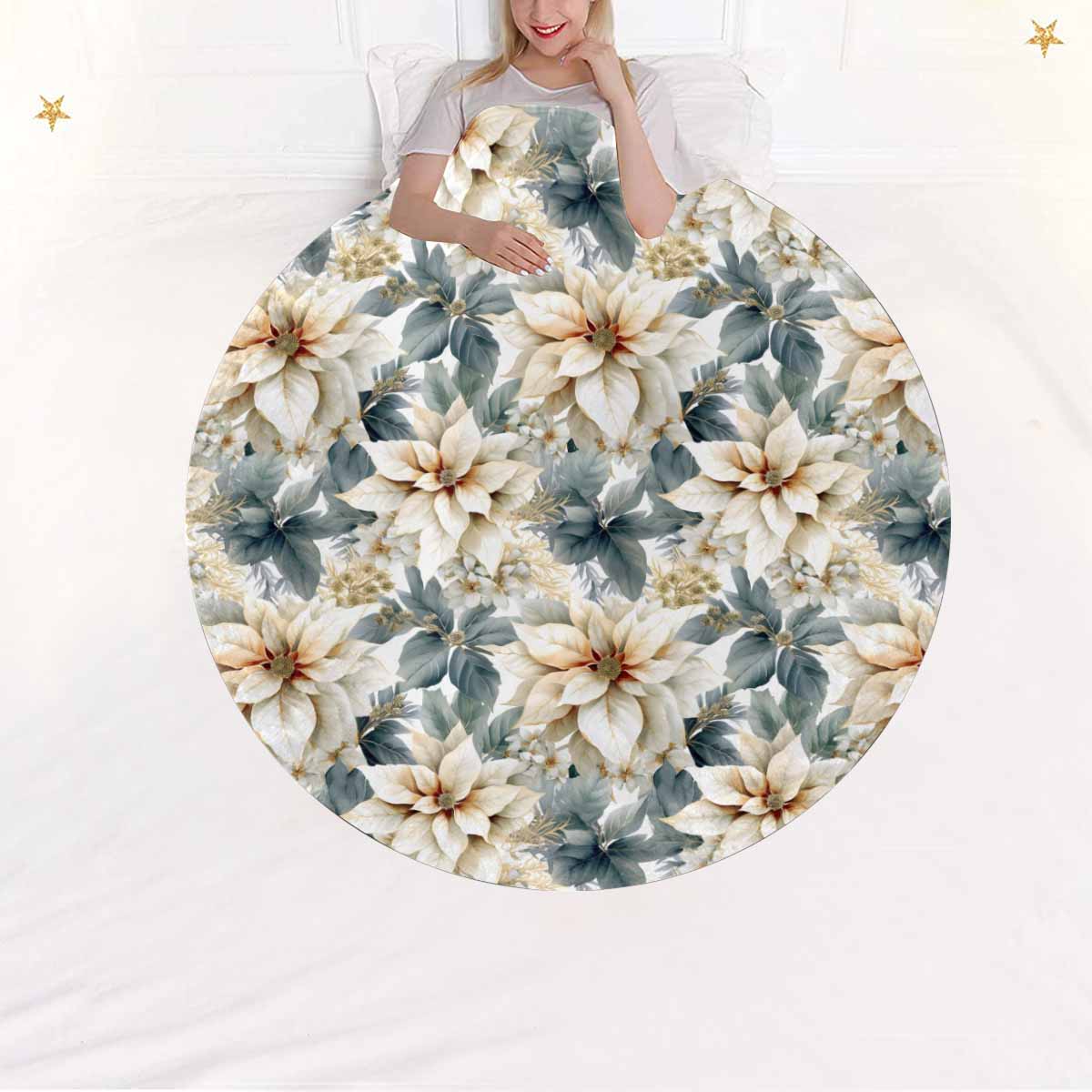 Cream Poinsettia  Circular Micro Fleece Blanket 47"