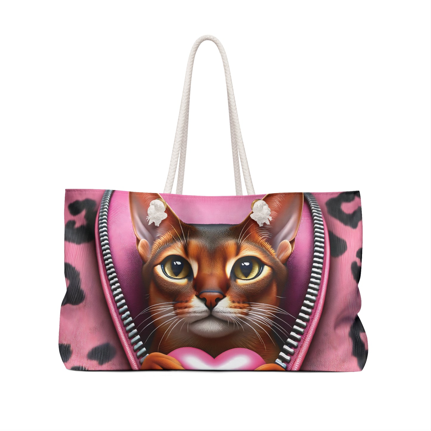 Personalised/Non-Personalised Weekender Bag, Cute Cat, Zipper, Valentines Day, Large Weekender Bag, Beach Bag, Book Bag